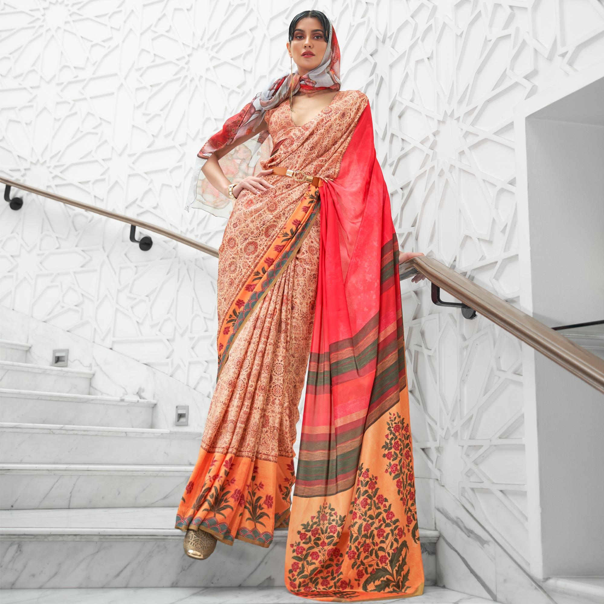 Peach Partywear Floral Digital Printed Silk Saree - Peachmode