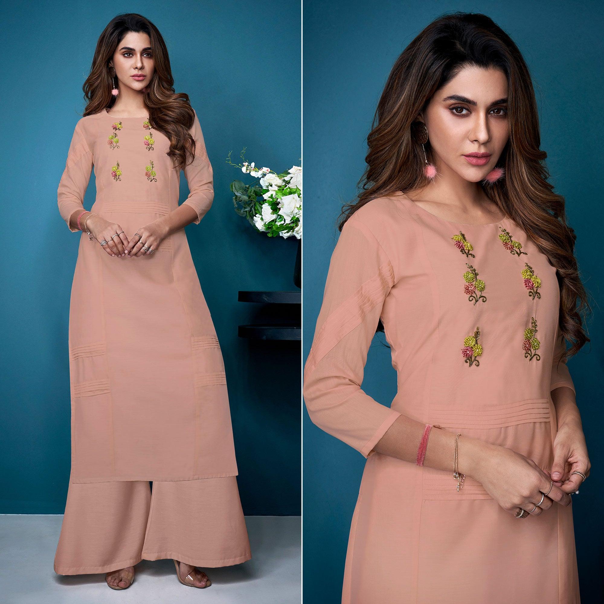 Peach Partywear Floral Embroidered Handwork Silk Kurti Palazzo Set - Peachmode