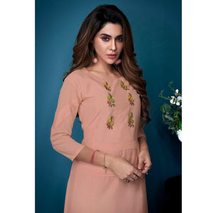 Peach Partywear Floral Embroidered Handwork Silk Kurti Palazzo Set - Peachmode