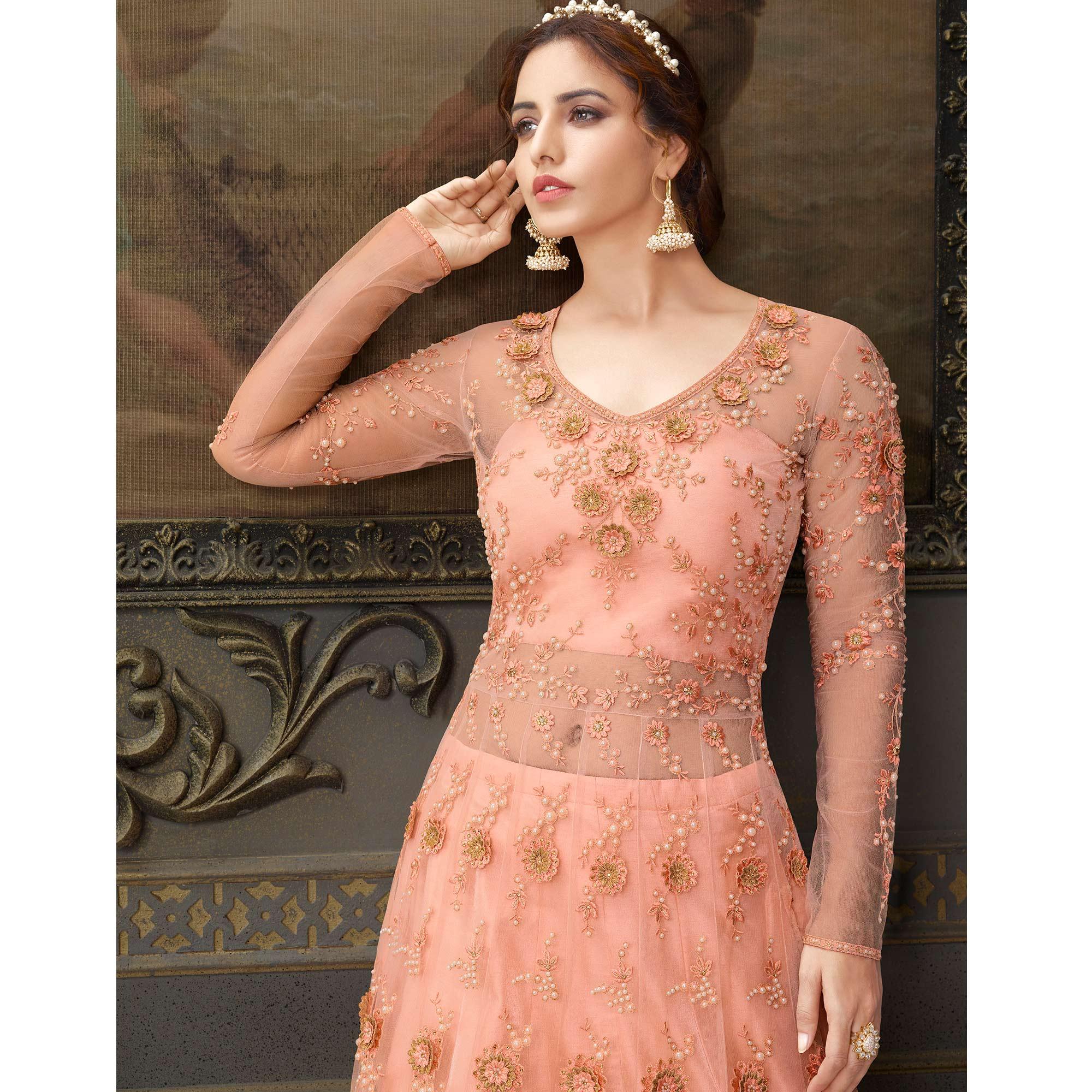 Peach Partywear Floral Embroidered Handwork Soft Net Gown - Peachmode