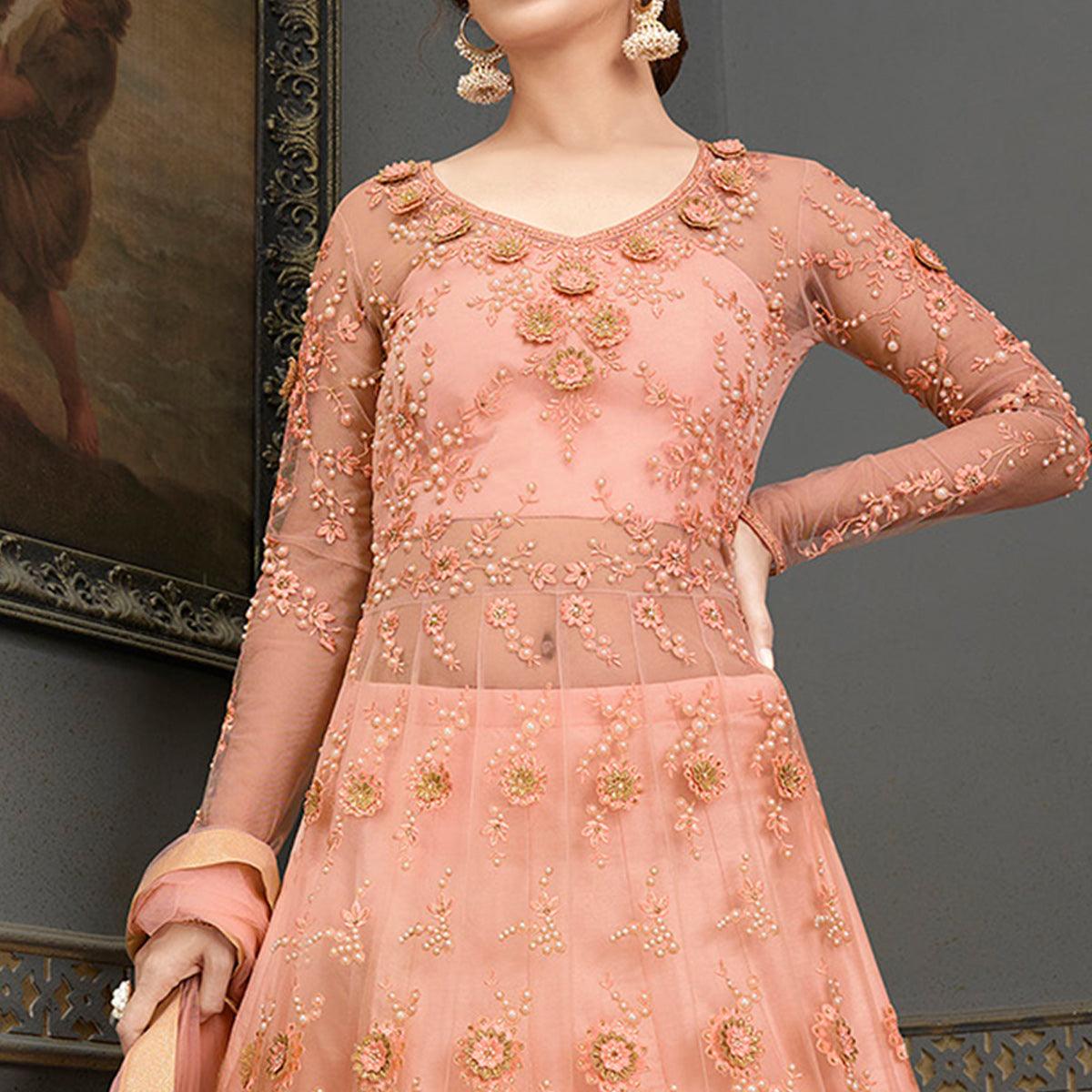 Peach Partywear Floral Embroidered Handwork Soft Net Gown - Peachmode