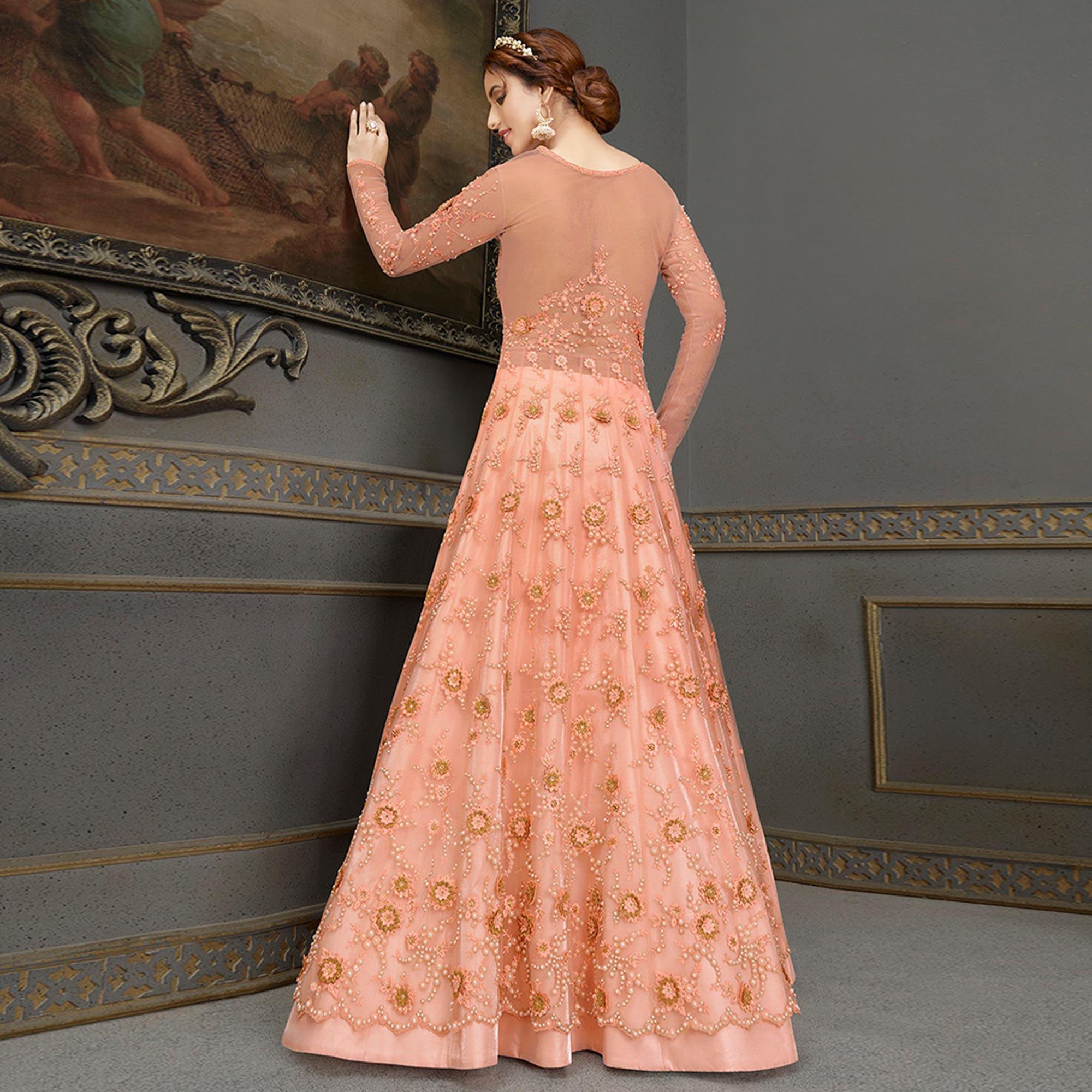 Peach Partywear Floral Embroidered Handwork Soft Net Gown - Peachmode