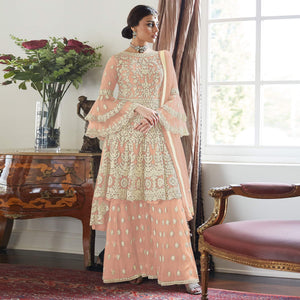 Peach Partywear Floral Embroidered Net Sharara Suit - Peachmode