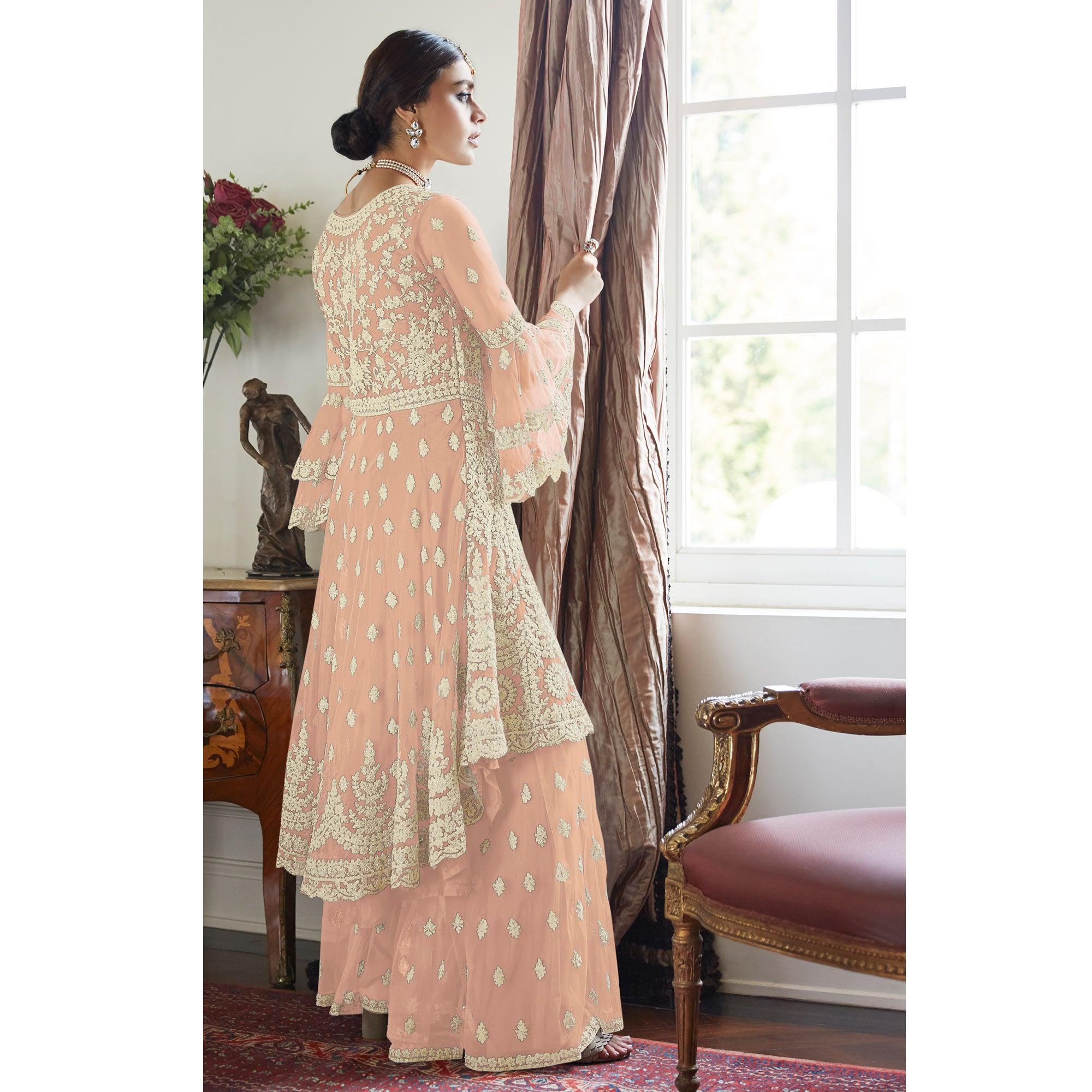 Peach Partywear Floral Embroidered Net Sharara Suit - Peachmode