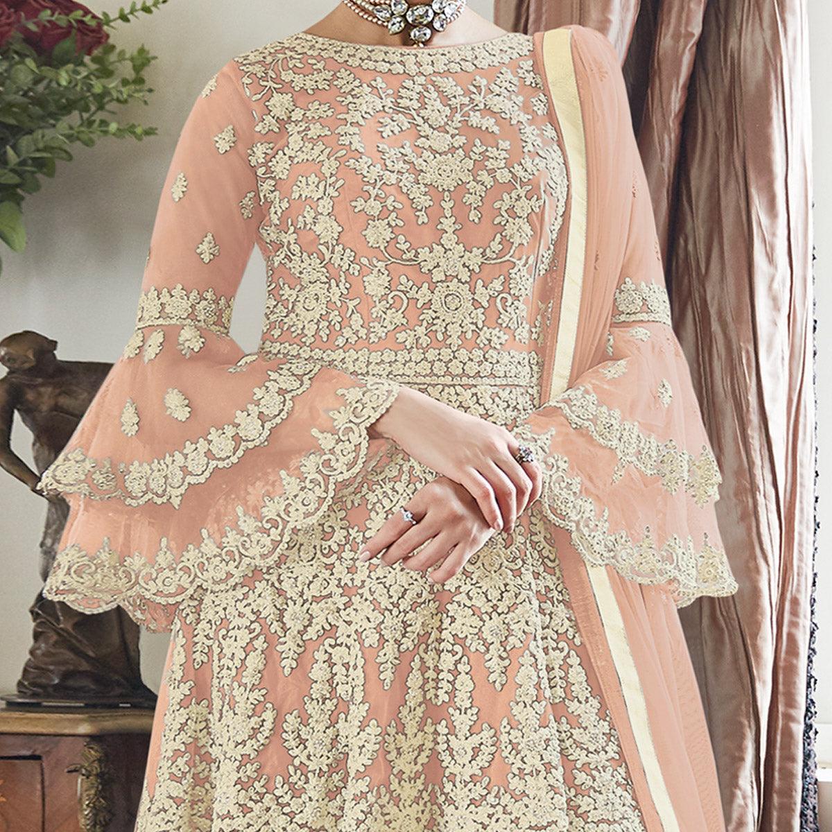 Peach Partywear Floral Embroidered Net Sharara Suit - Peachmode