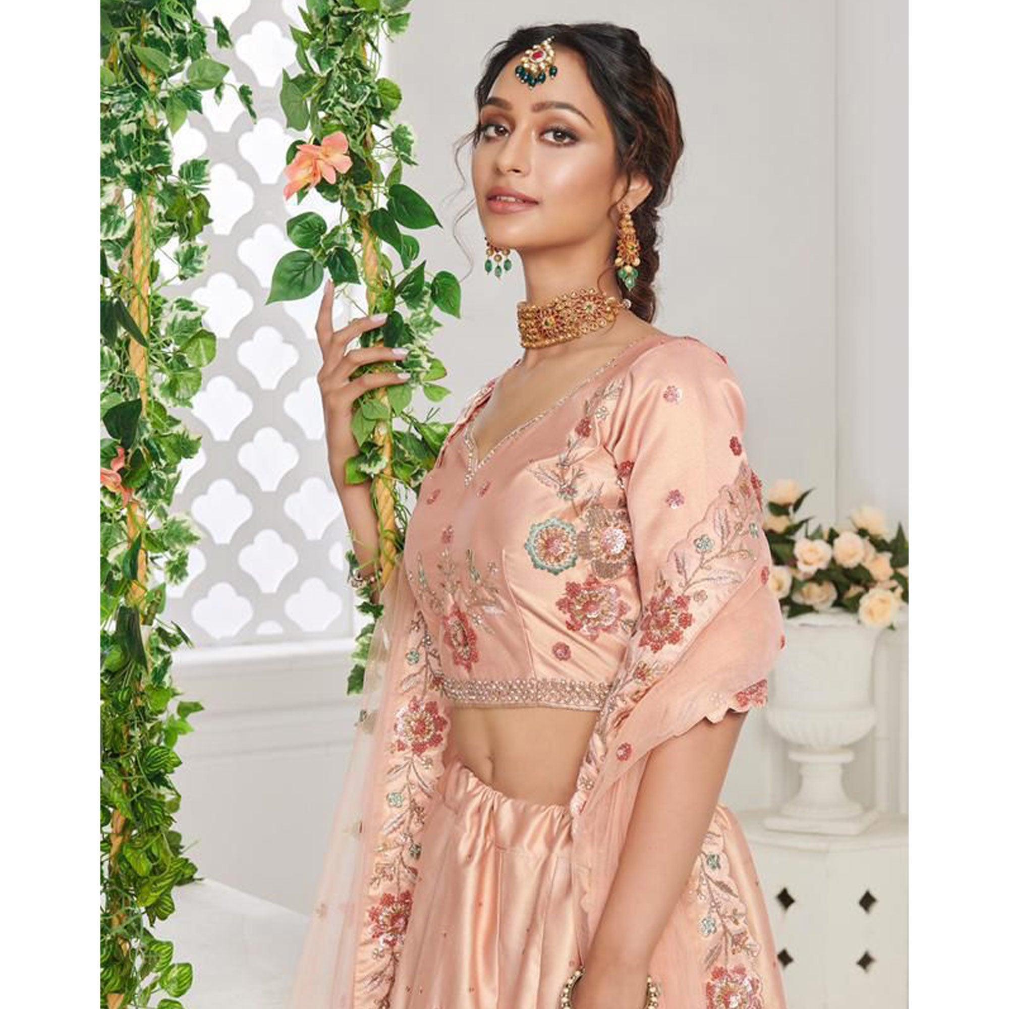 Peach Partywear Floral Embroidered Silk Lehenga Choli - Peachmode