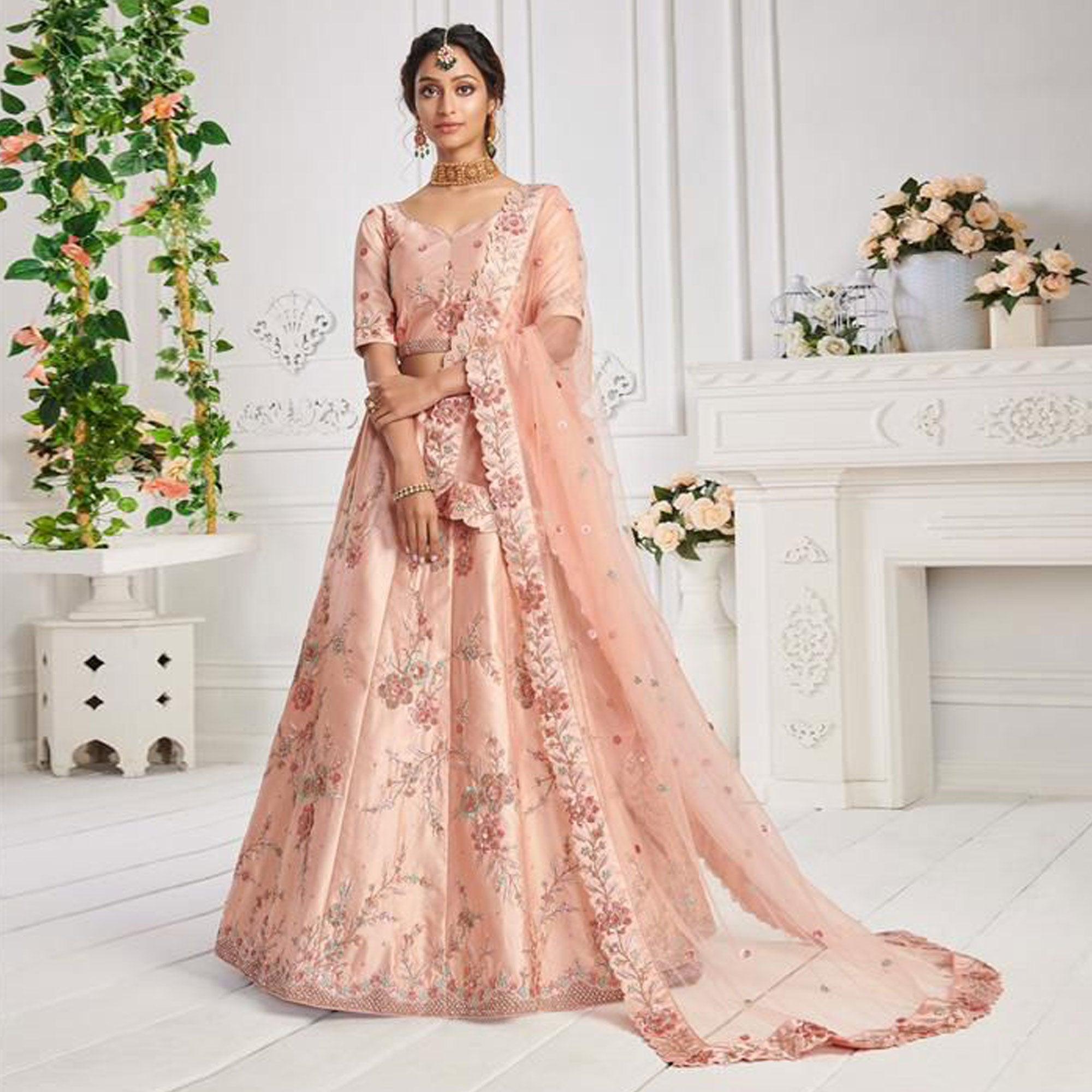 Peach Partywear Floral Embroidered Silk Lehenga Choli - Peachmode