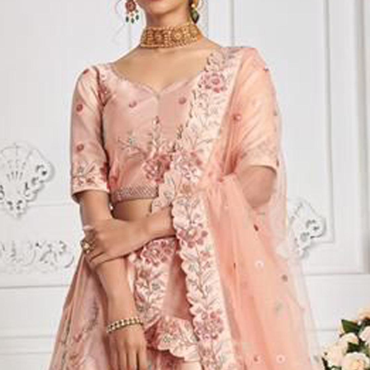 Peach Partywear Floral Embroidered Silk Lehenga Choli - Peachmode