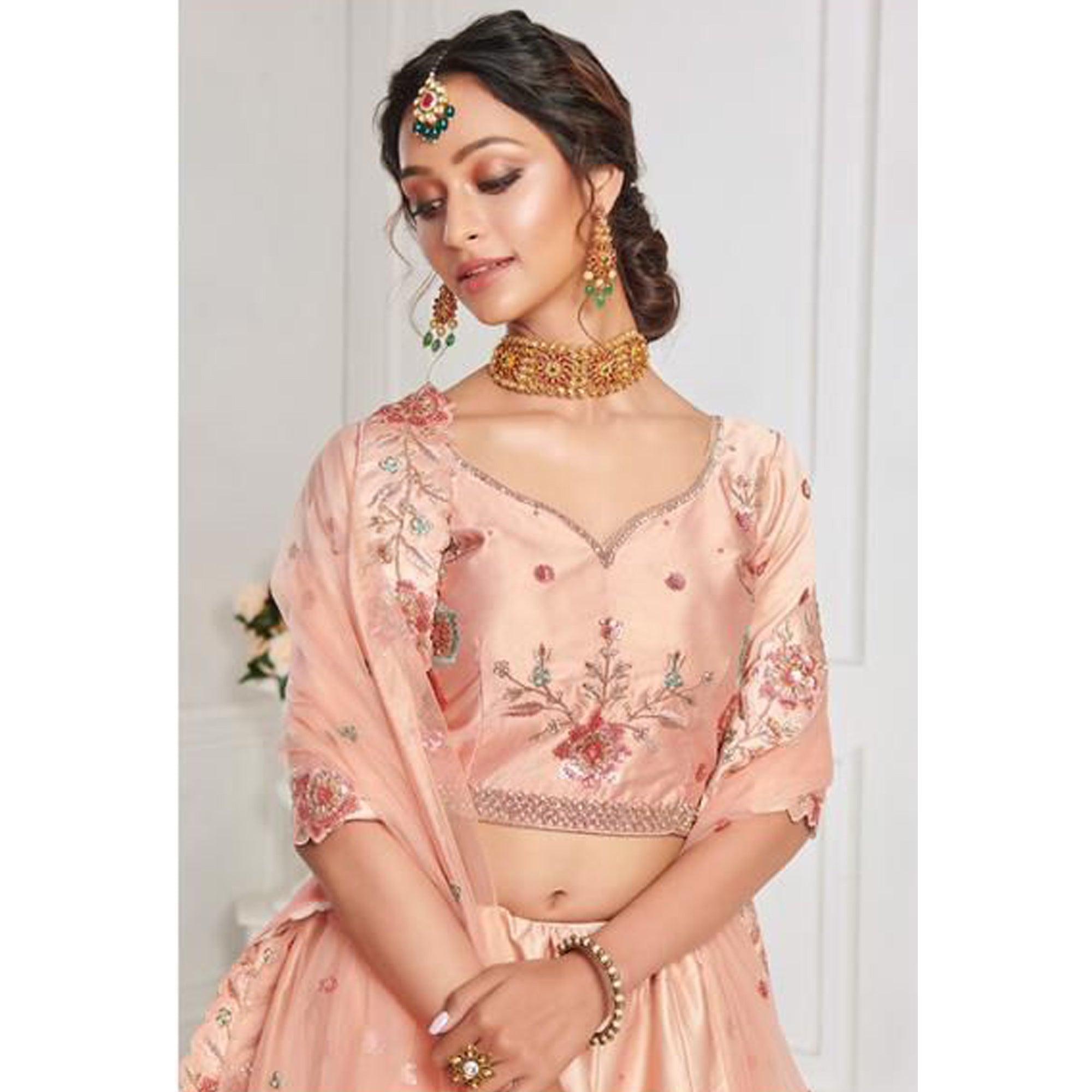 Peach Partywear Floral Embroidered Silk Lehenga Choli - Peachmode