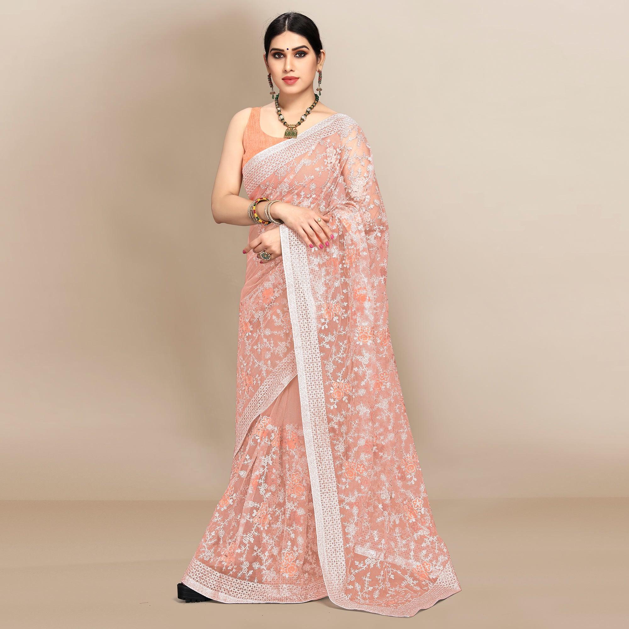 Peach Partywear Floral Embroidered Soft Net Saree - Peachmode