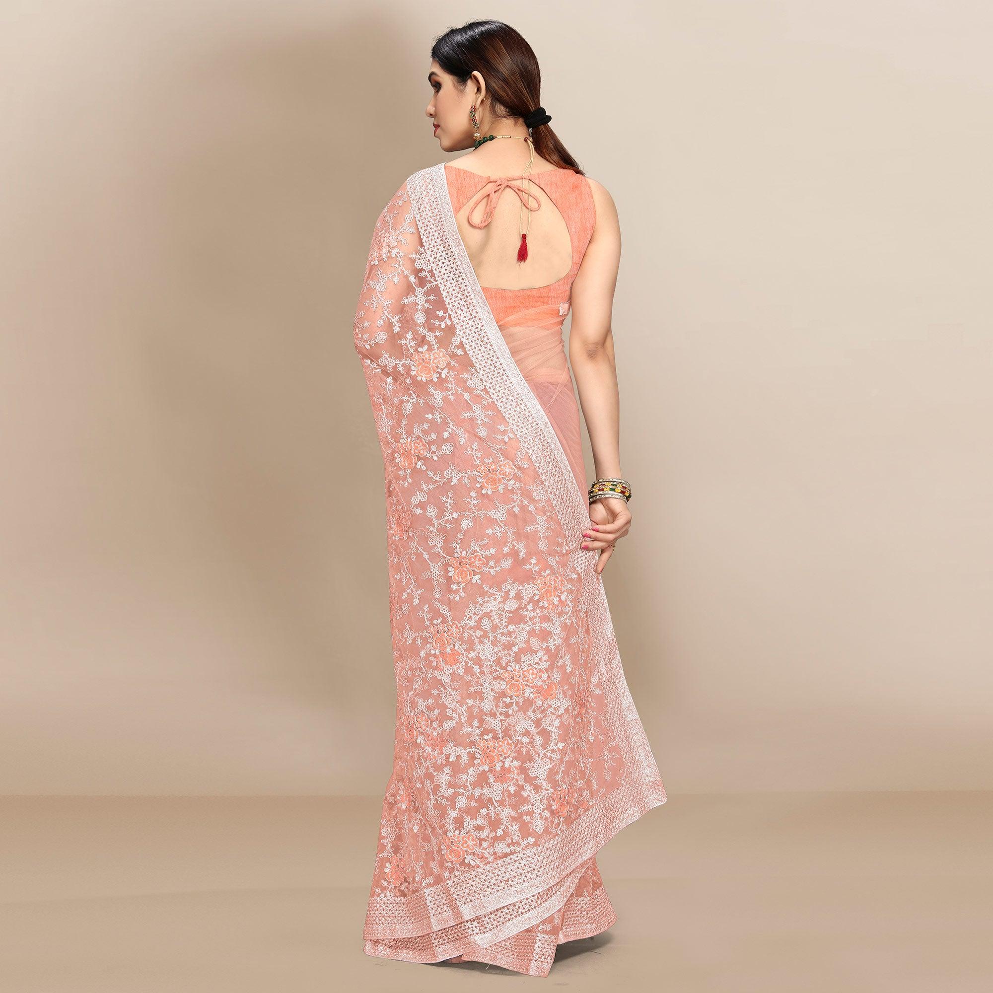 Peach Partywear Floral Embroidered Soft Net Saree - Peachmode