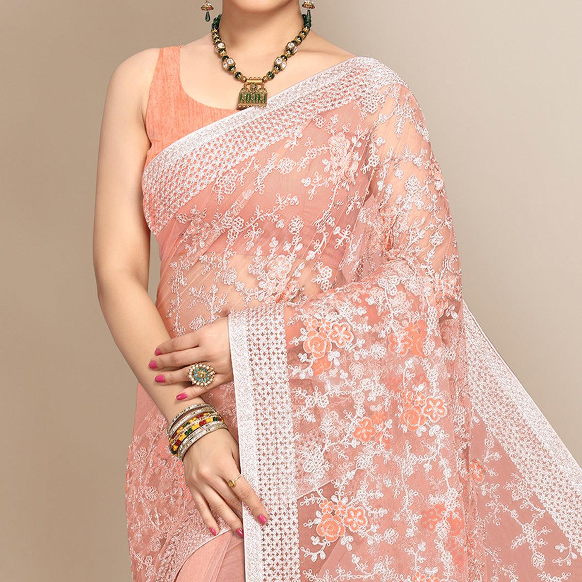 Peach Partywear Floral Embroidered Soft Net Saree - Peachmode