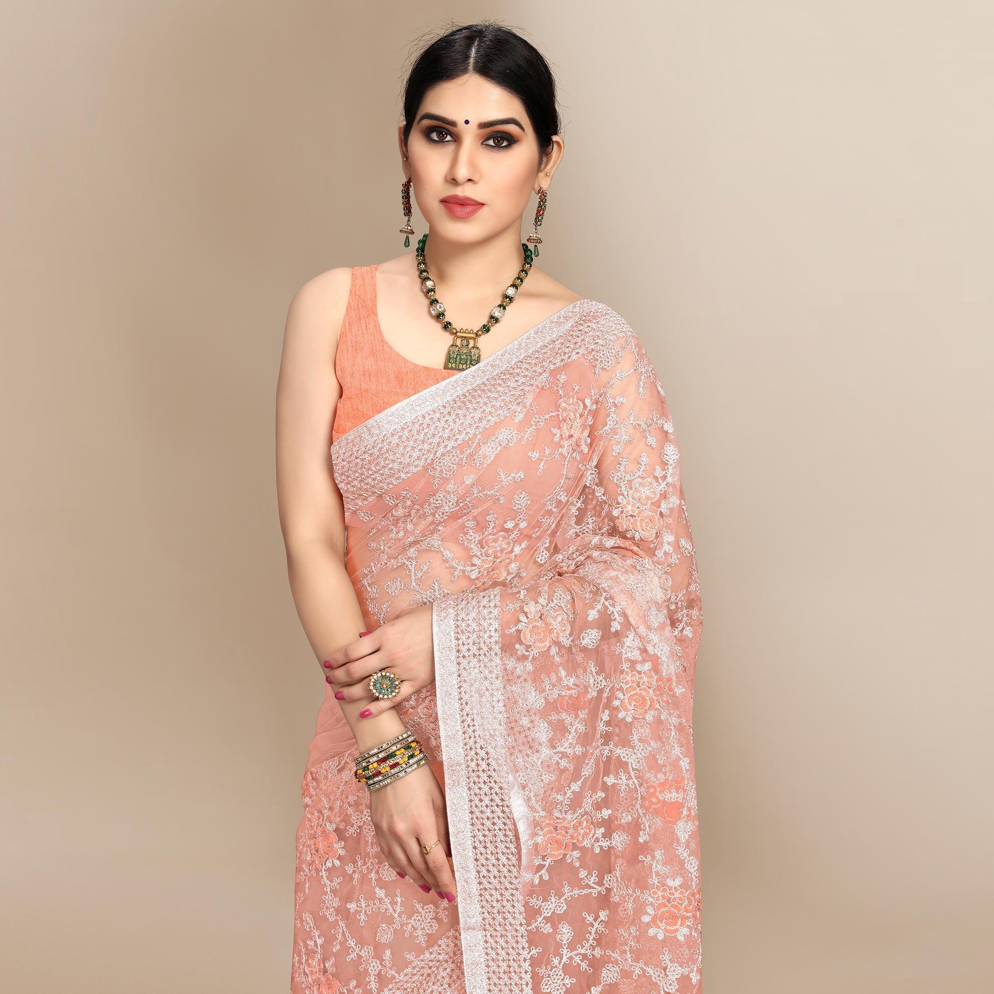 Peach Partywear Floral Embroidered Soft Net Saree - Peachmode