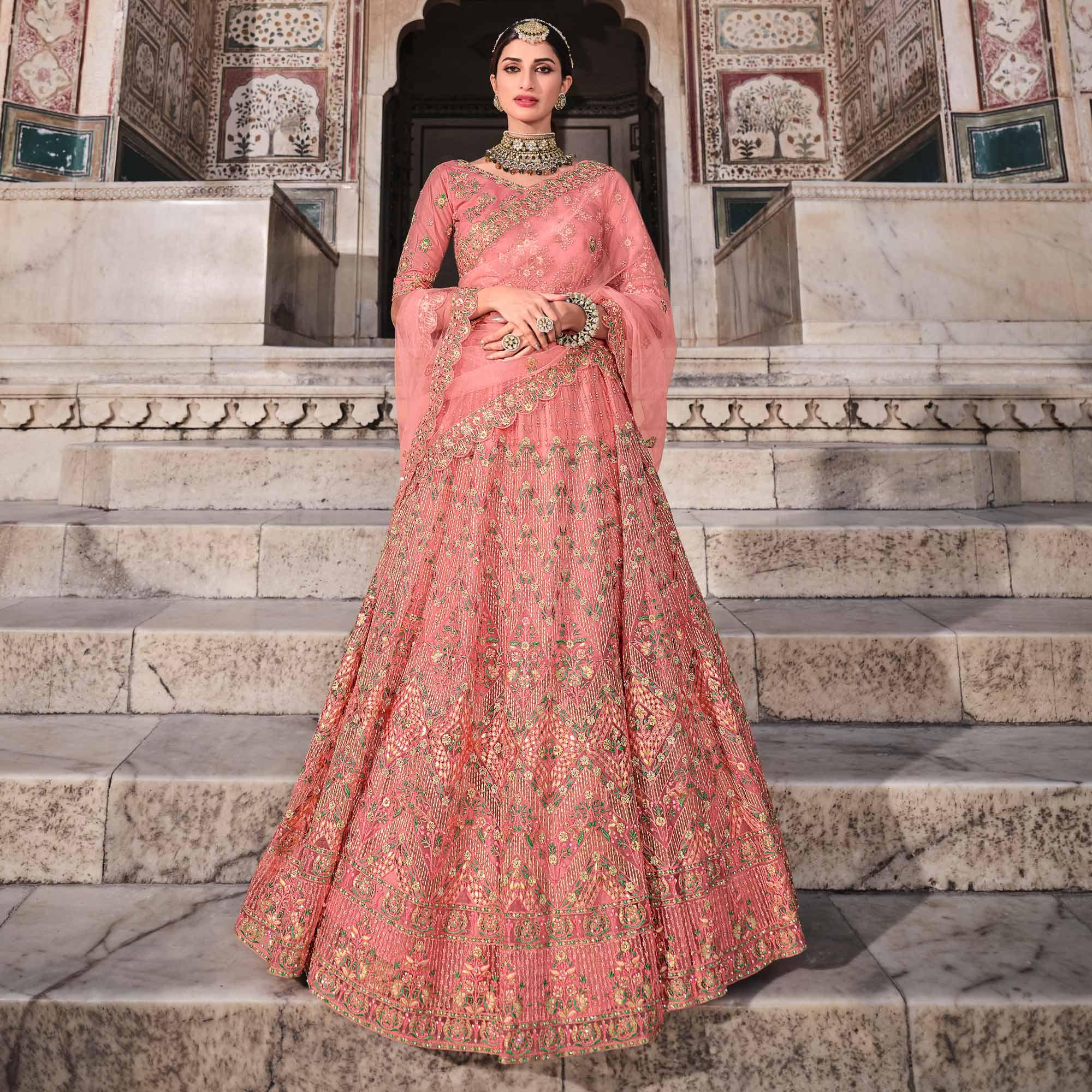 Peach Partywear Floral Embroidered With Foil Work Net Lehenga Choli - Peachmode