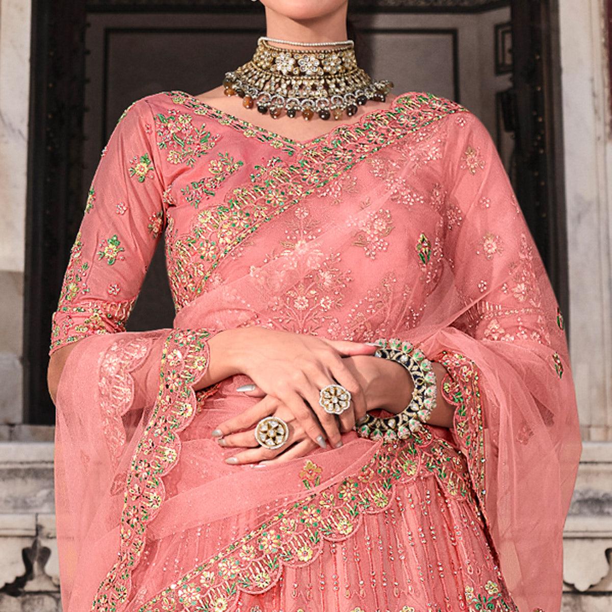 Peach Partywear Floral Embroidered With Foil Work Net Lehenga Choli - Peachmode