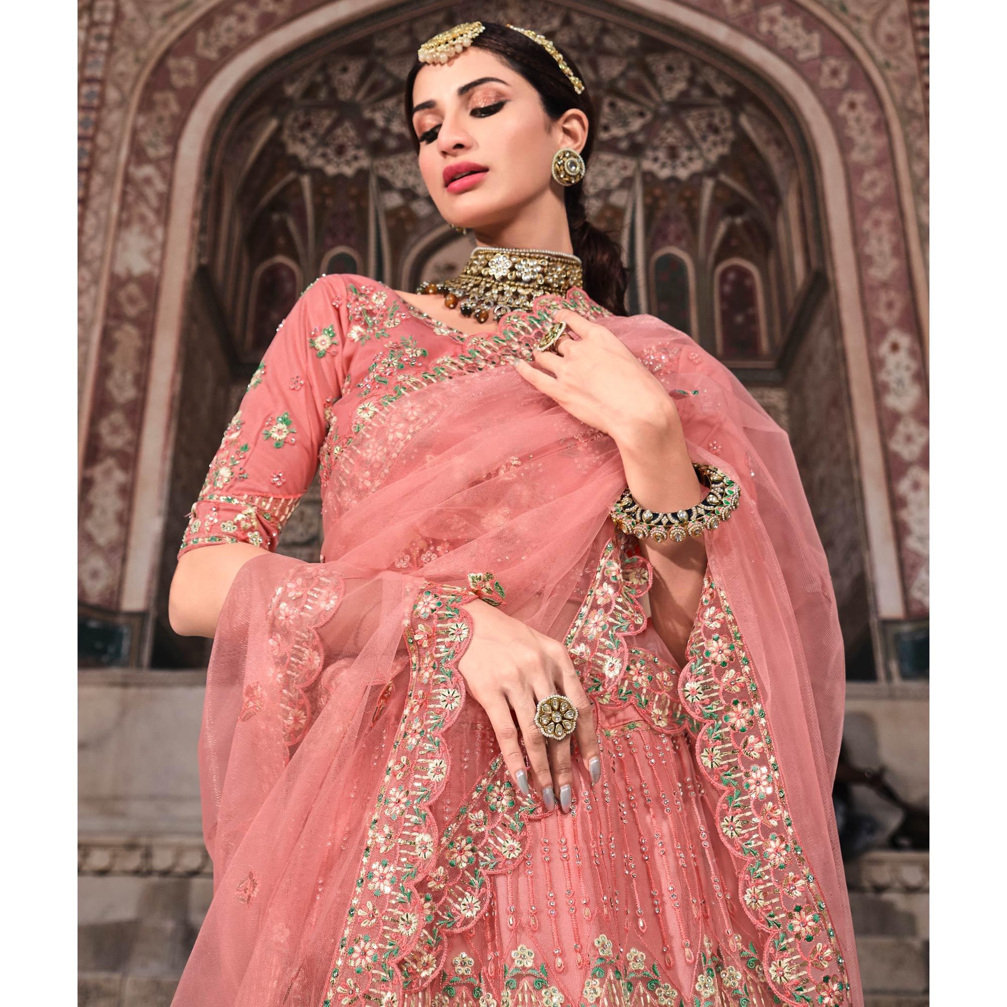 Peach Partywear Floral Embroidered With Foil Work Net Lehenga Choli - Peachmode