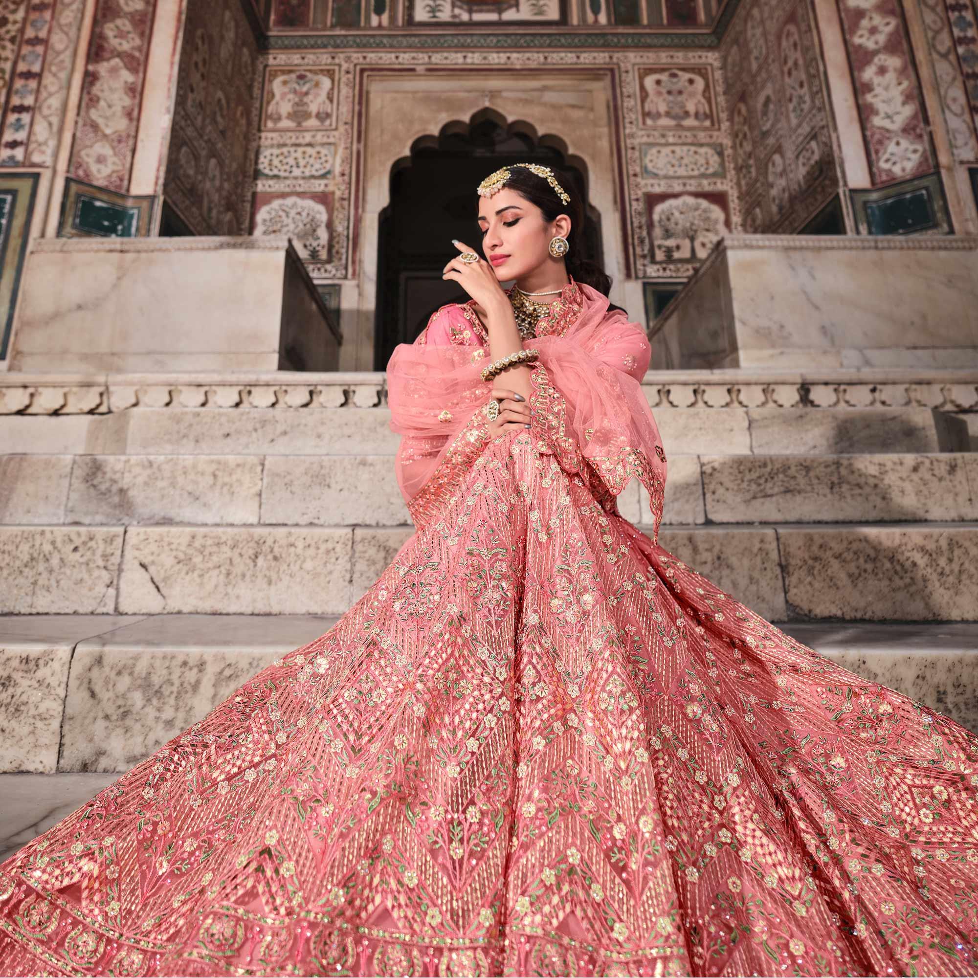 Peach Partywear Floral Embroidered With Foil Work Net Lehenga Choli - Peachmode
