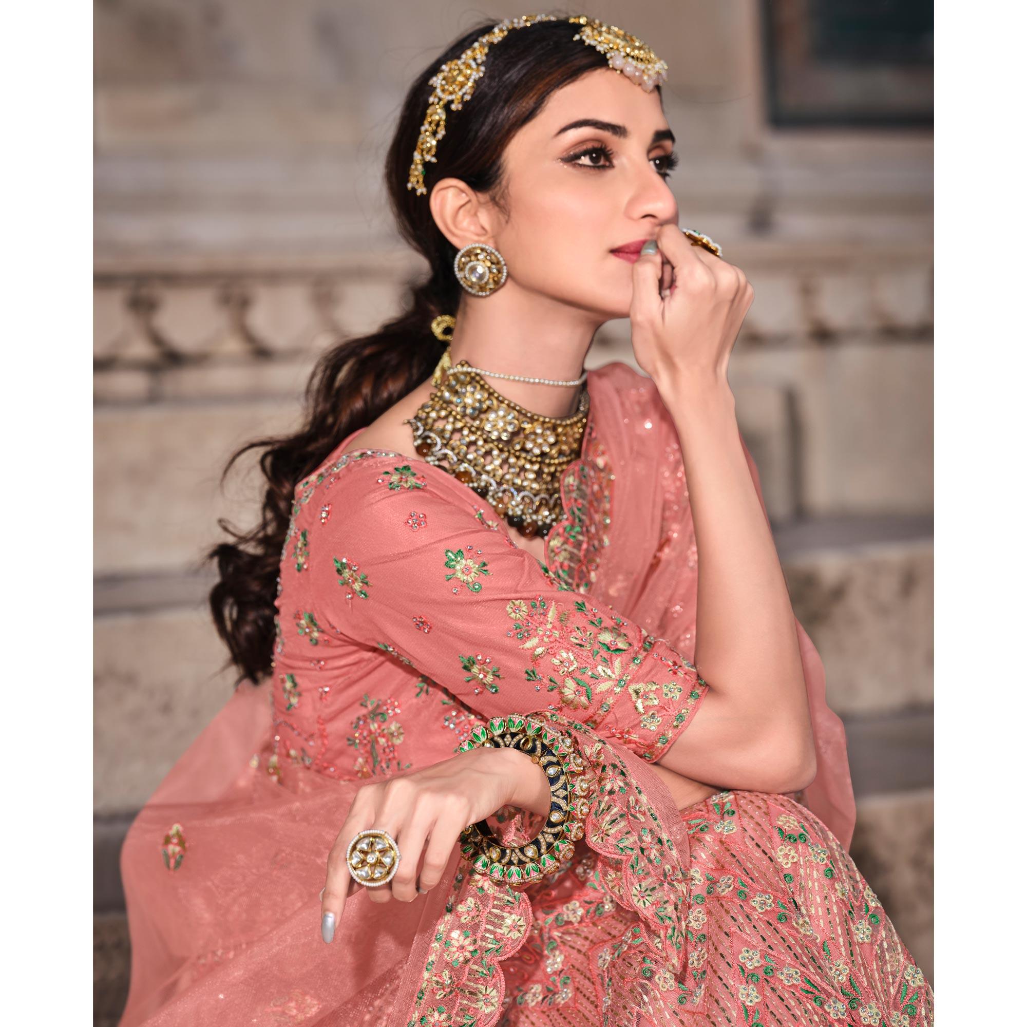 Peach Partywear Floral Embroidered With Foil Work Net Lehenga Choli - Peachmode