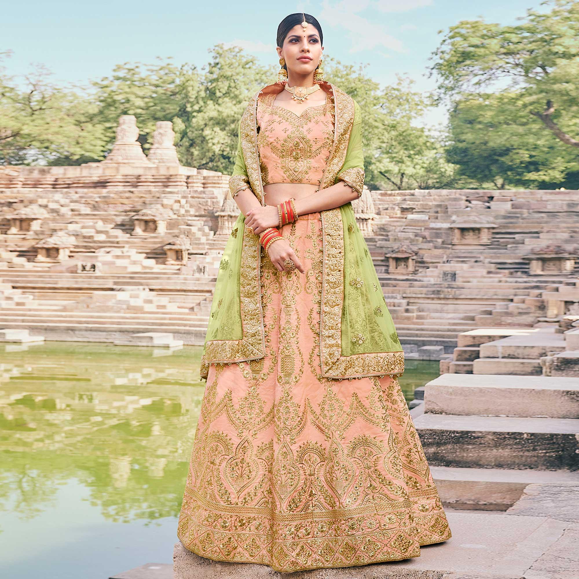 Peach Partywear Floral Embroidery With Zari & Diamond Handloom Silk Lehenga Choli - Peachmode