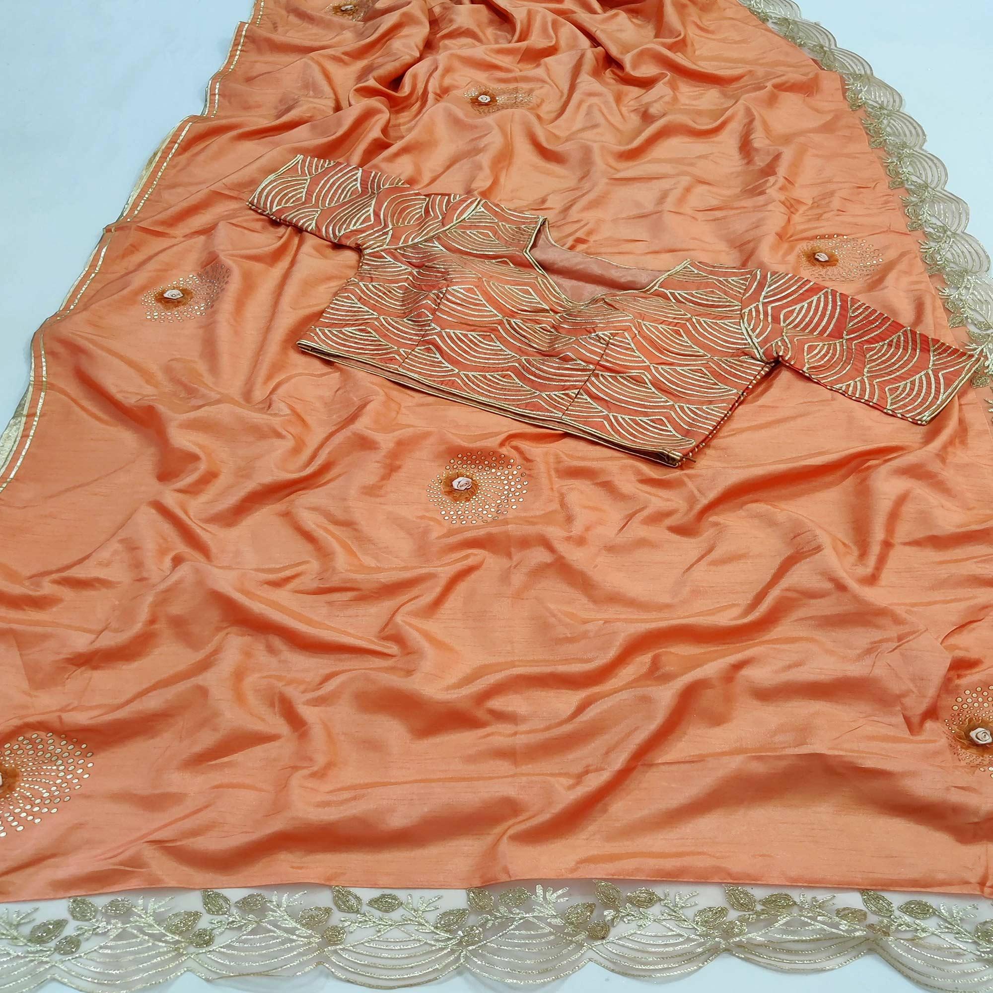 Peach Partywear Floral Mukeish Embroidered Dola Silk Saree - Peachmode