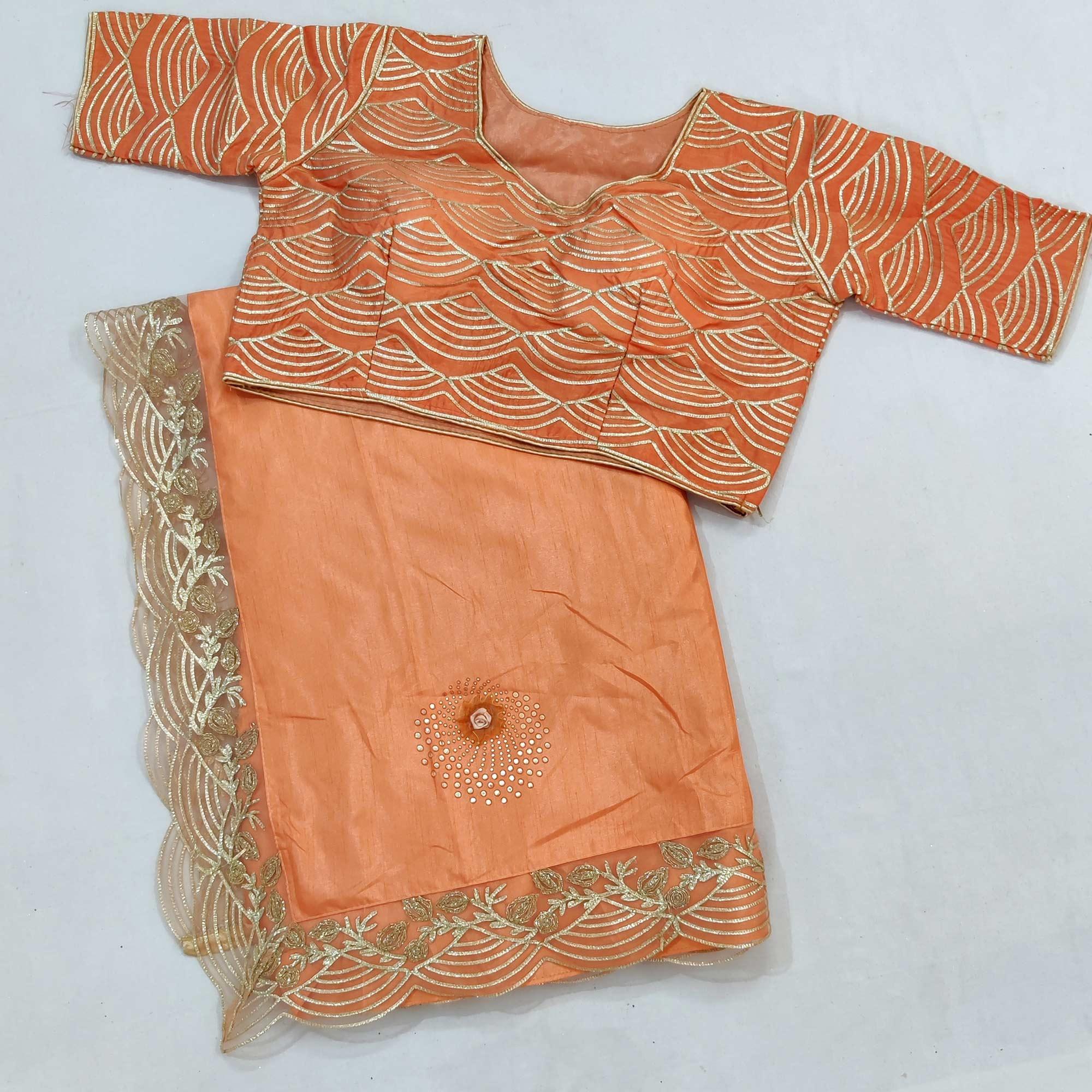 Peach Partywear Floral Mukeish Embroidered Dola Silk Saree - Peachmode