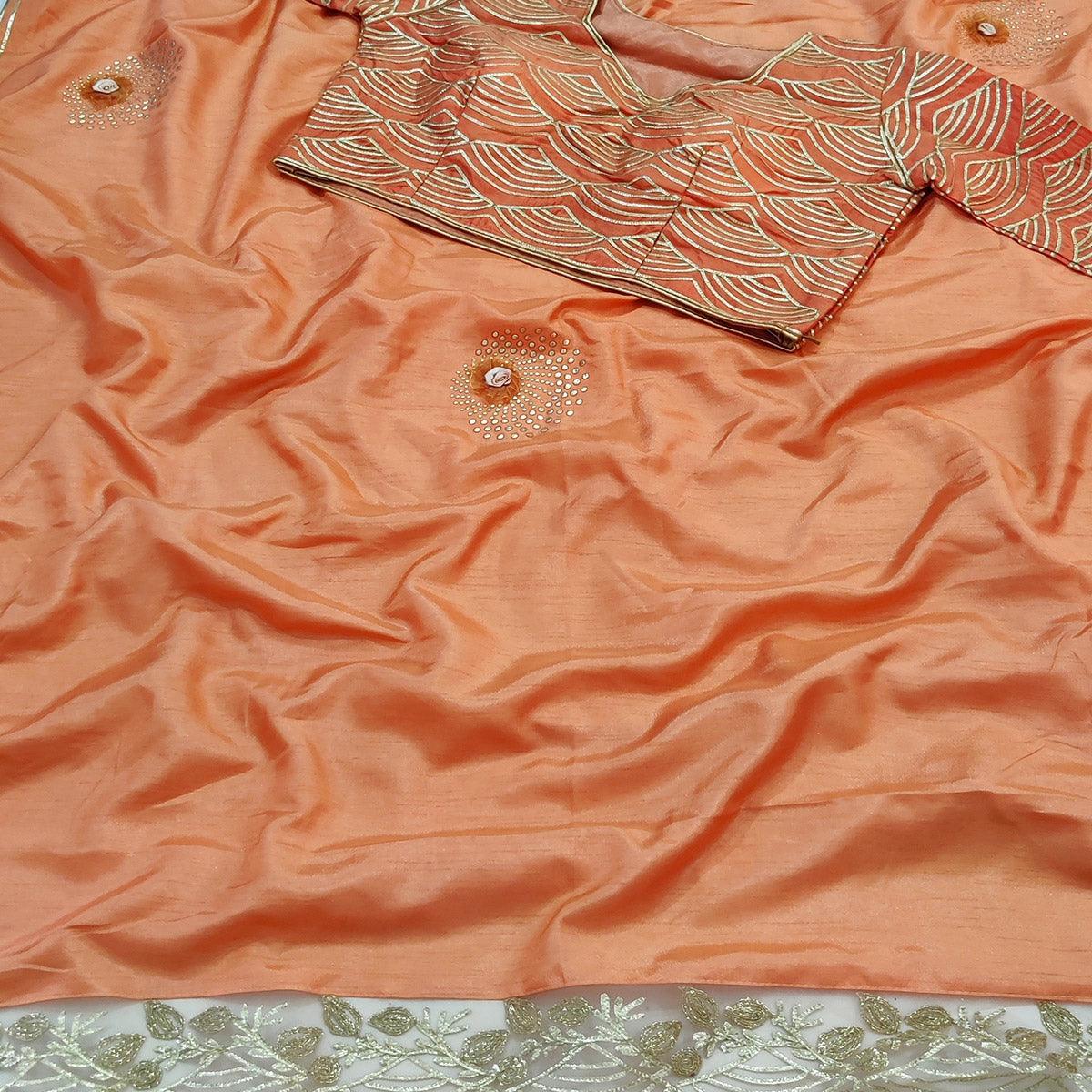 Peach Partywear Floral Mukeish Embroidered Dola Silk Saree - Peachmode