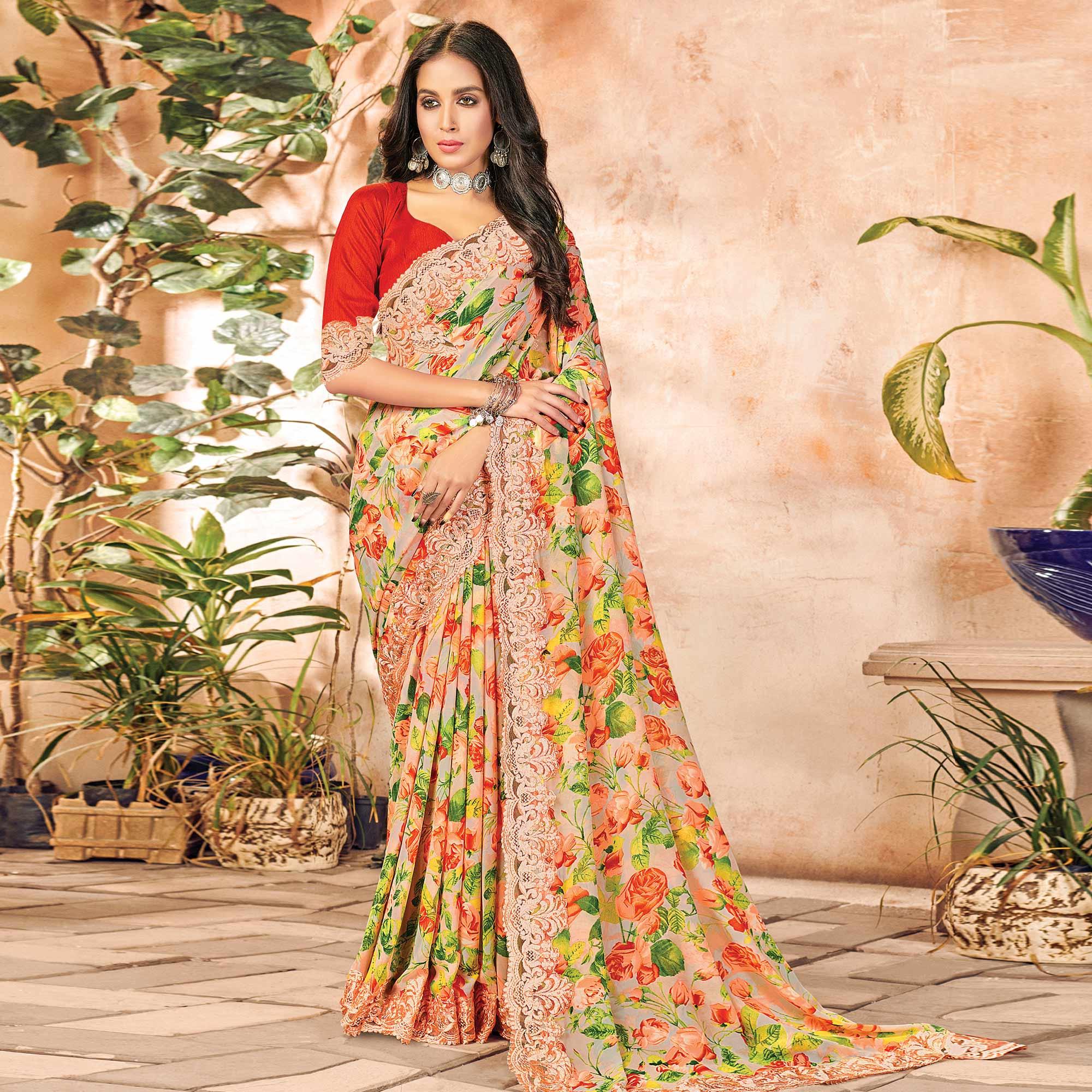 Peach Partywear Floral Printed Georgette Saree Designer Lace - Peachmode