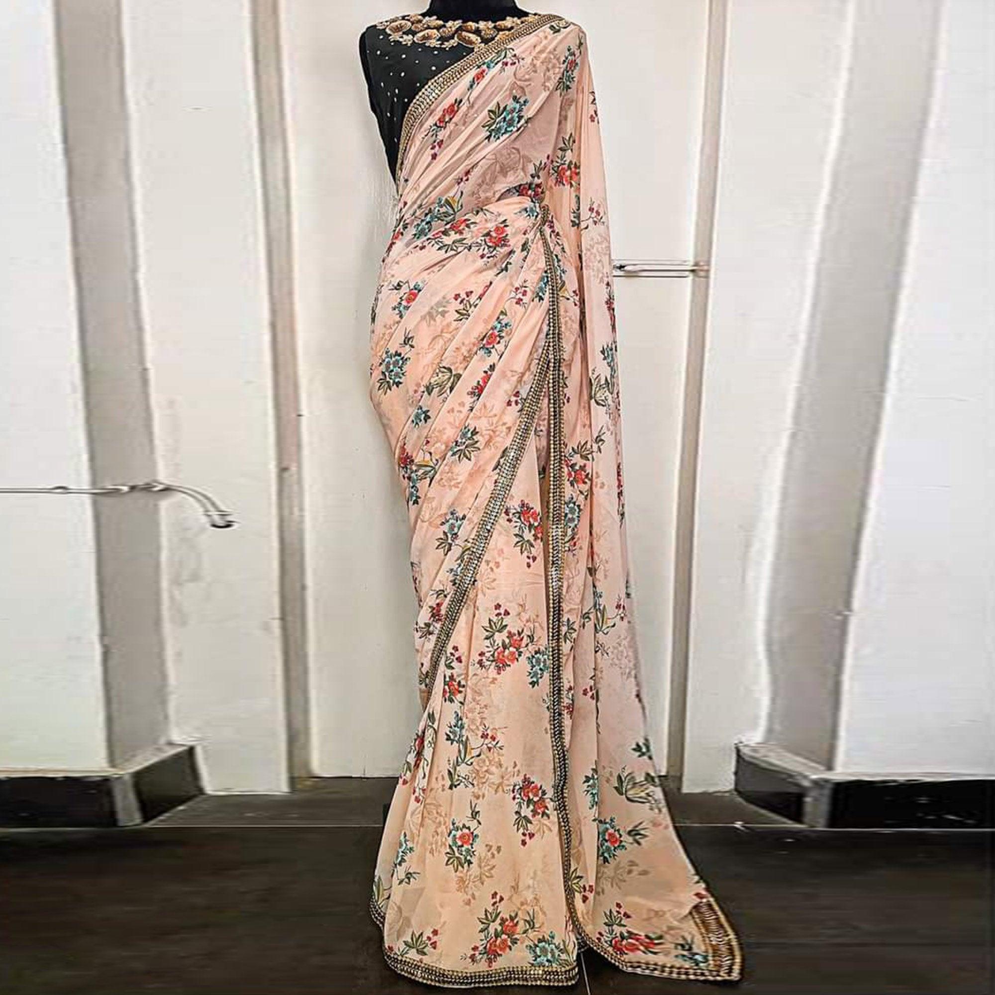 Peach Partywear Floral Printed Georgette Saree - Peachmode