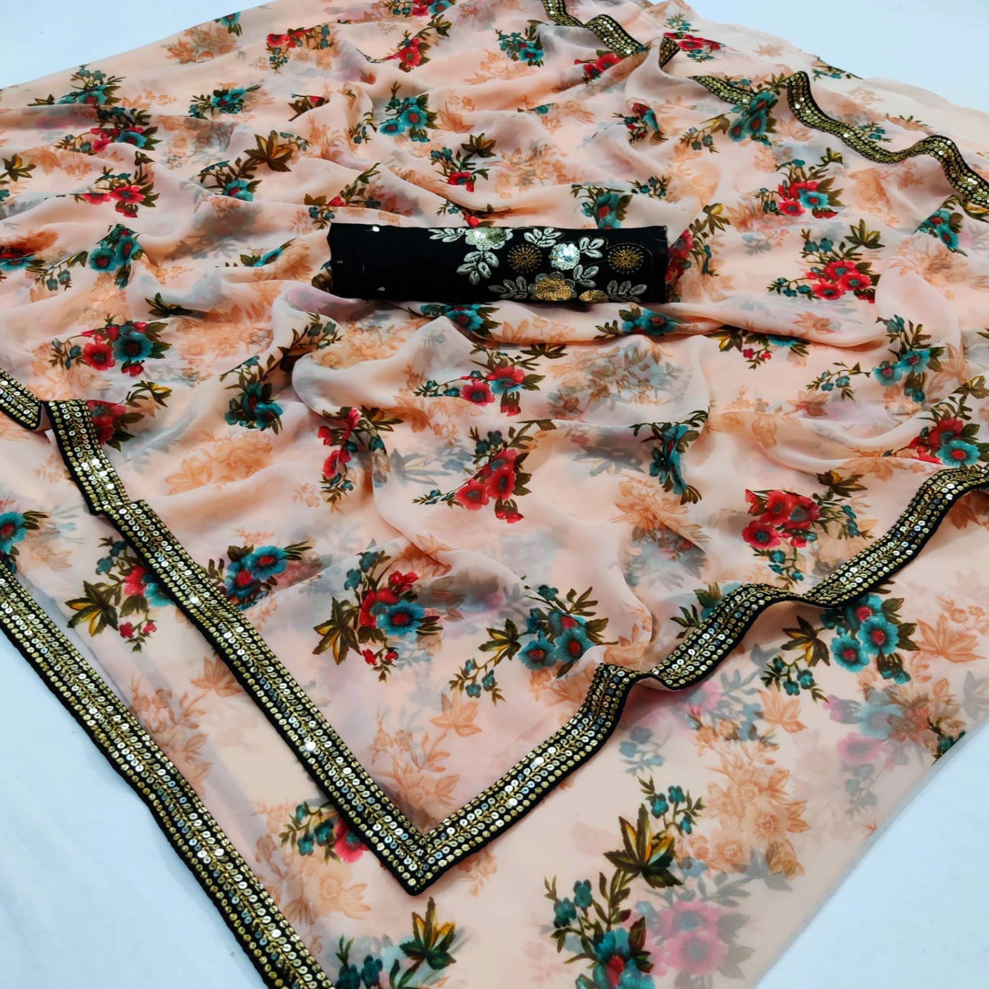 Peach Partywear Floral Printed Georgette Saree - Peachmode