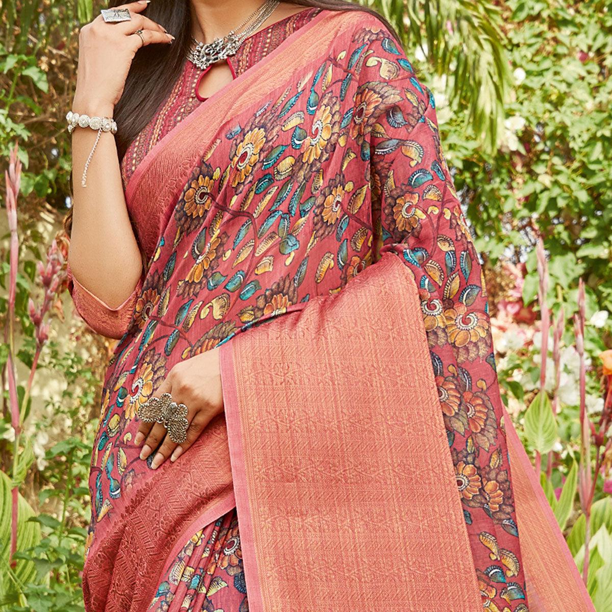 Peach Partywear Floral Printed Linen Saree - Peachmode