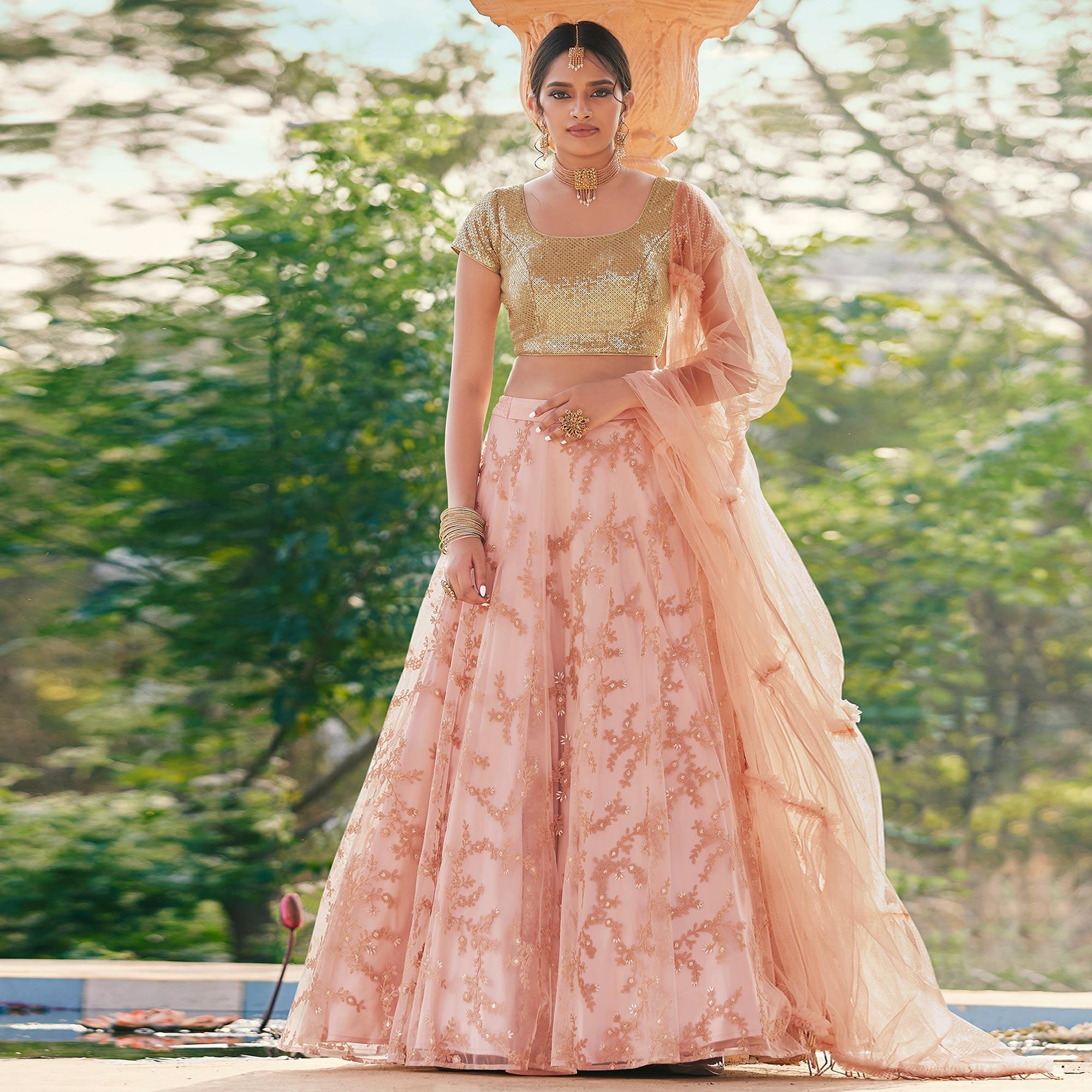 Peach Partywear Floral Thread With Sequence Skirt Style Net Lehenga Choli - Peachmode