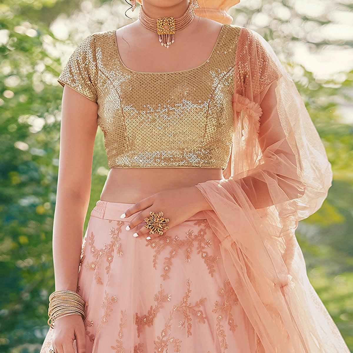 Peach Partywear Floral Thread With Sequence Skirt Style Net Lehenga Choli - Peachmode