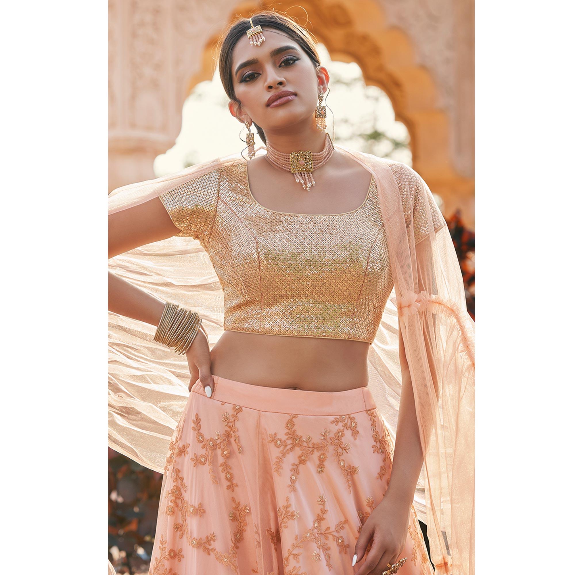 Peach Partywear Floral Thread With Sequence Skirt Style Net Lehenga Choli - Peachmode