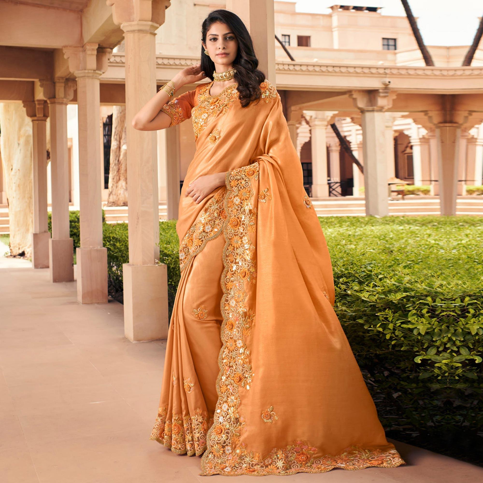 Peach Partywear Foil Print & Embroidered Pure Satin Saree - Peachmode