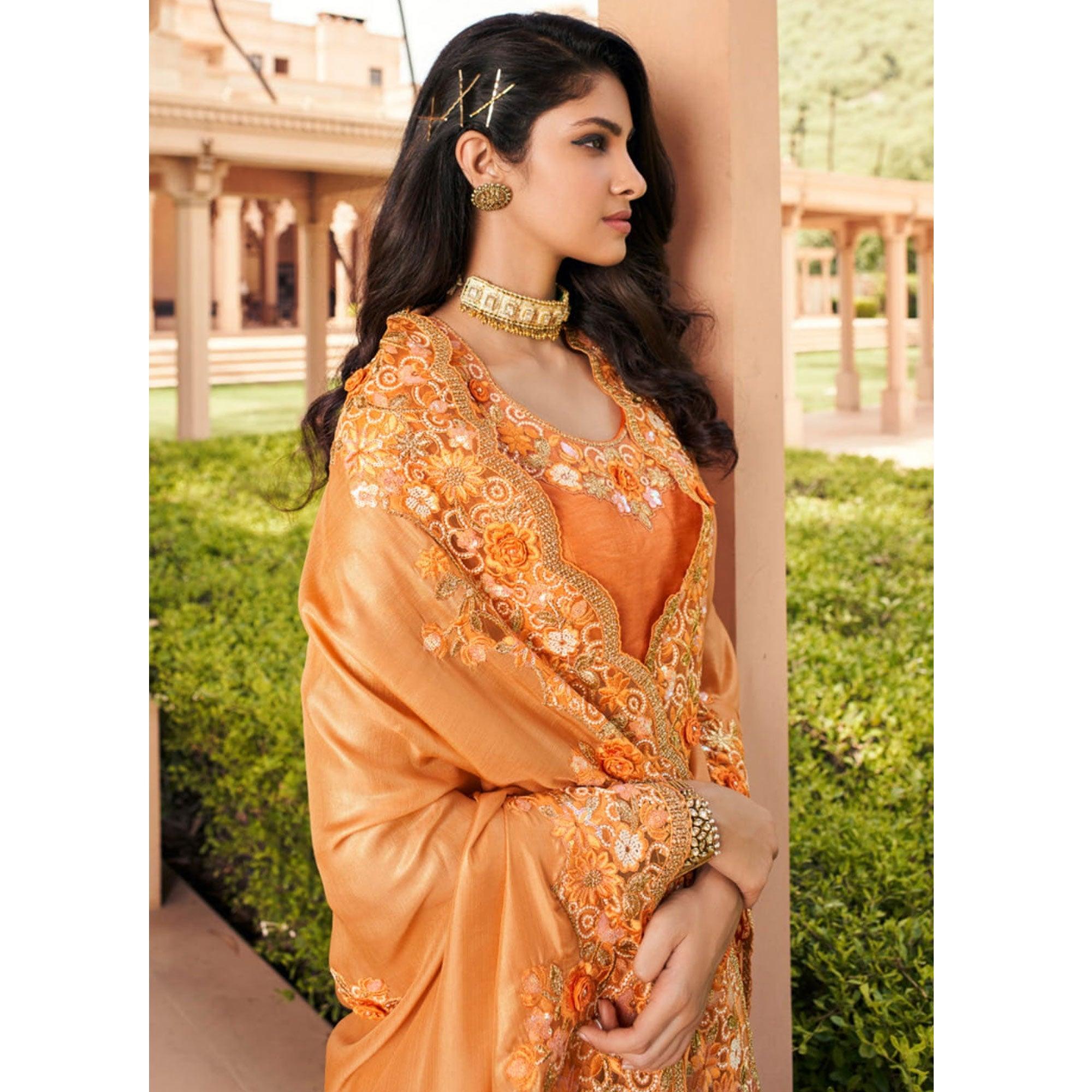 Peach Partywear Foil Print & Embroidered Pure Satin Saree - Peachmode