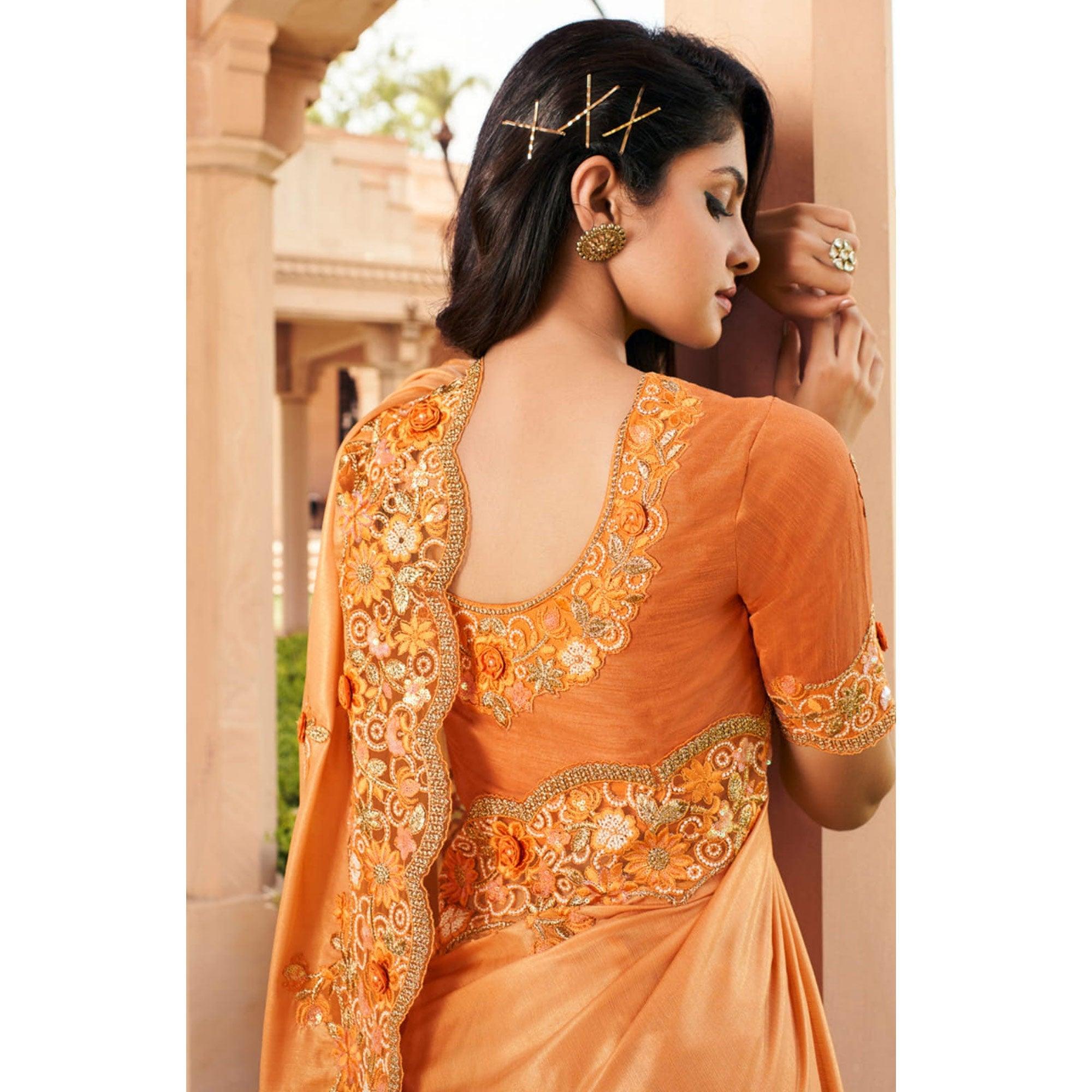 Peach Partywear Foil Print & Embroidered Pure Satin Saree - Peachmode