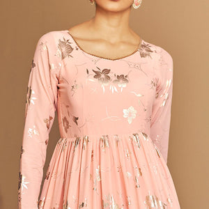 Peach Partywear Metallic Foil Work Georgette Gown - Peachmode