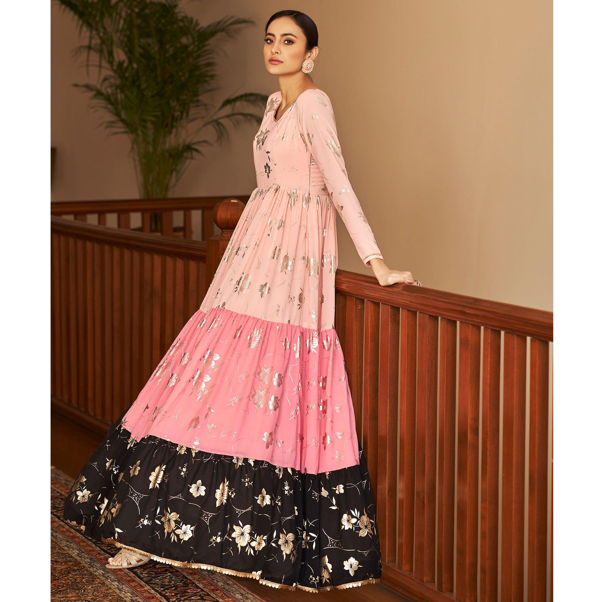 Peach Partywear Metallic Foil Work Georgette Gown - Peachmode