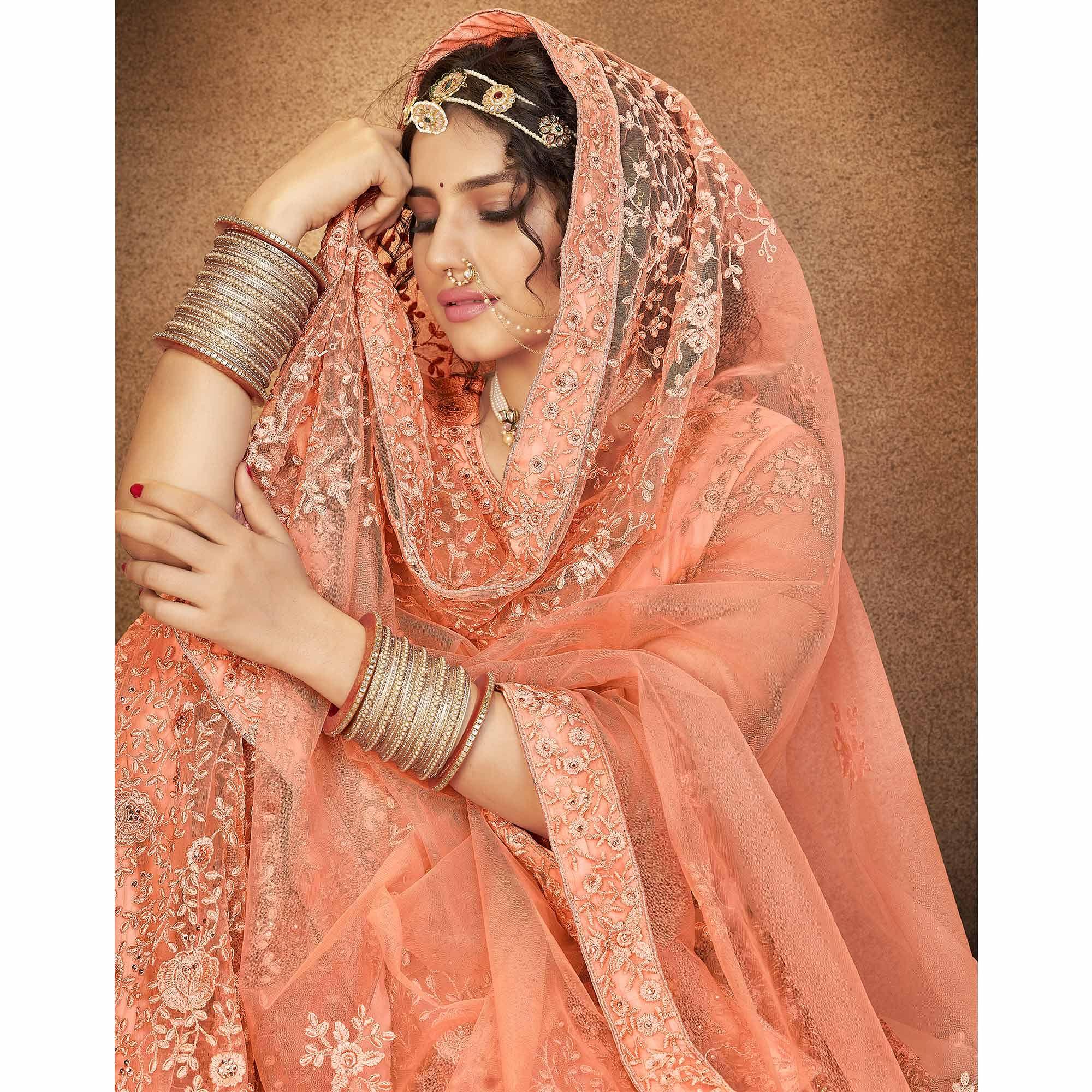 Peach Partywear Multi Sequence Embroidered Net Lehenga Choli - Peachmode