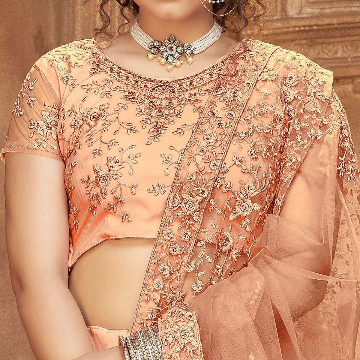 Peach Partywear Multi Sequence Embroidered Net Lehenga Choli - Peachmode