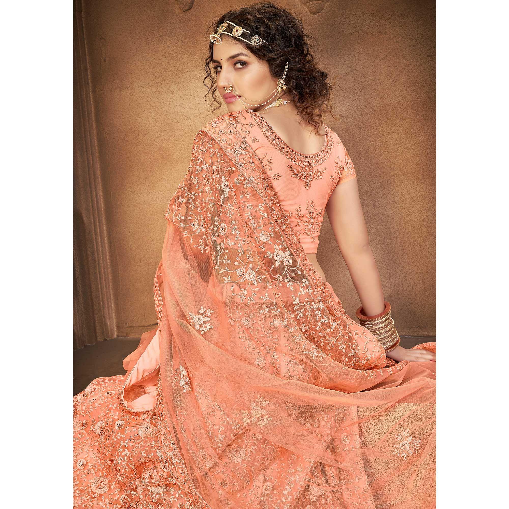 Peach Partywear Multi Sequence Embroidered Net Lehenga Choli - Peachmode