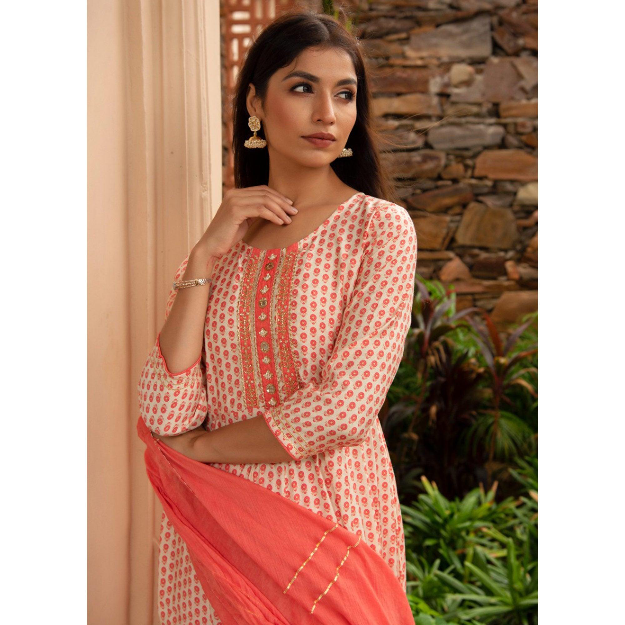 Peach Partywear Printed Cotton Anarkali Suit - Peachmode