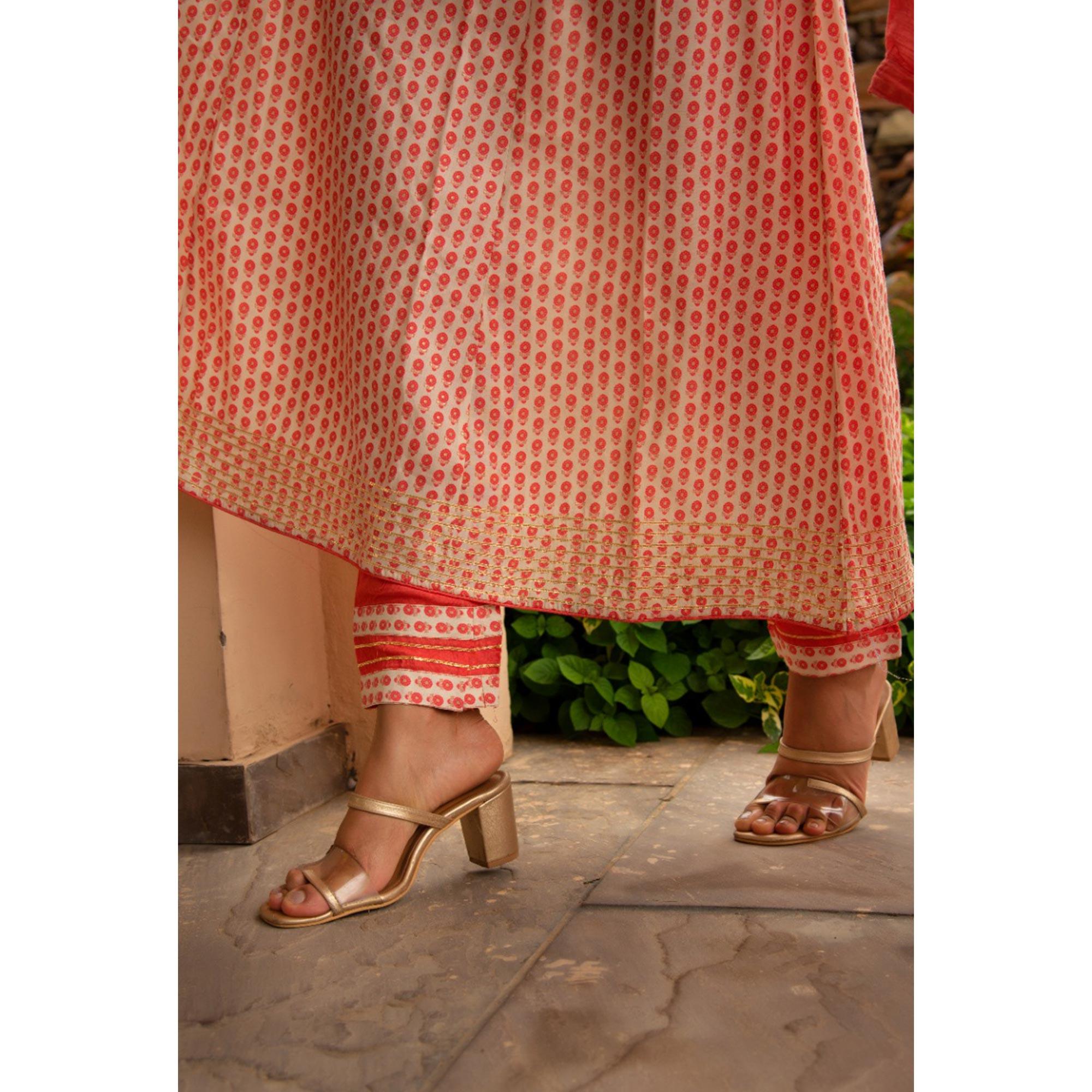 Peach Partywear Printed Cotton Anarkali Suit - Peachmode