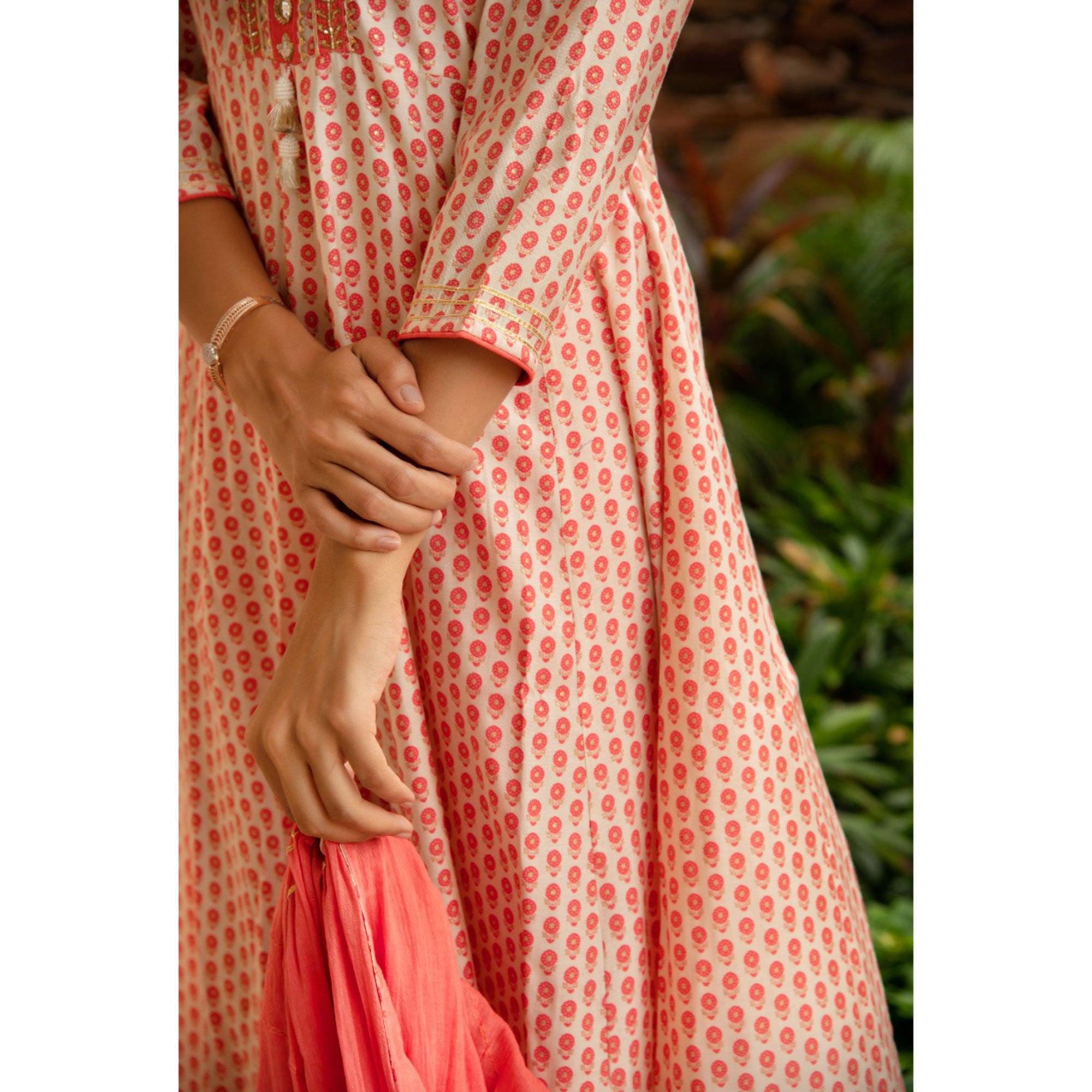 Peach Partywear Printed Cotton Anarkali Suit - Peachmode