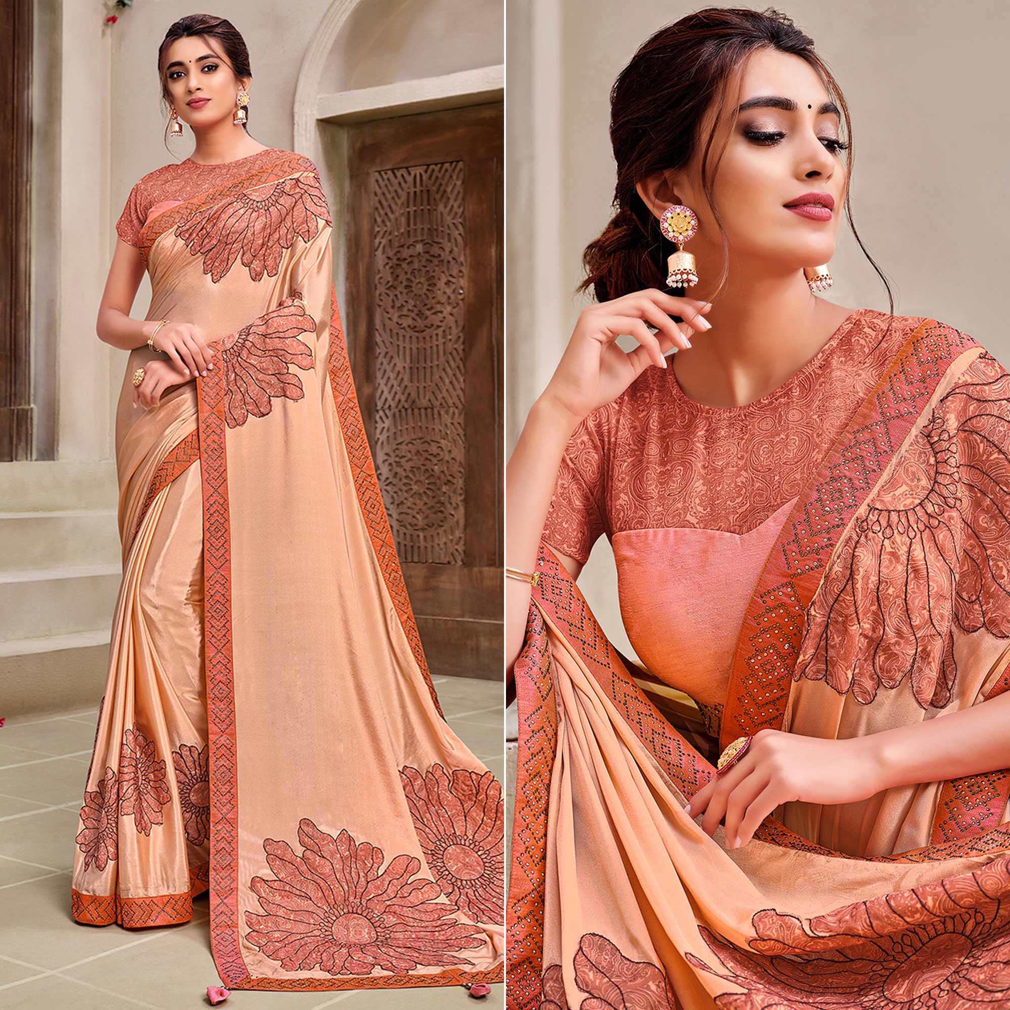 Peach Partywear Printed Sequence Georgette Saree - Peachmode