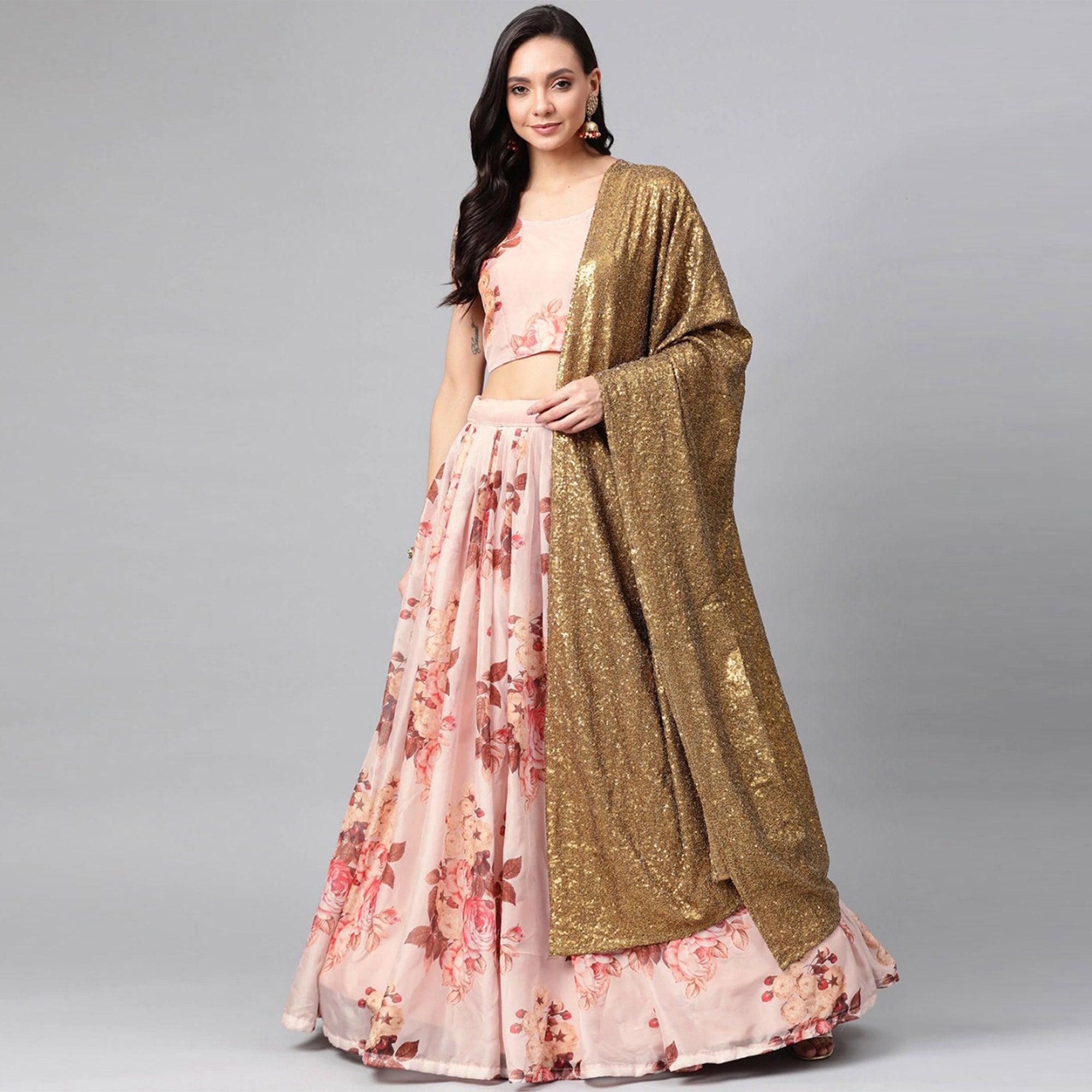 Peach Partywear Printed Sequence Pure Organza Lehenga Choli - Peachmode