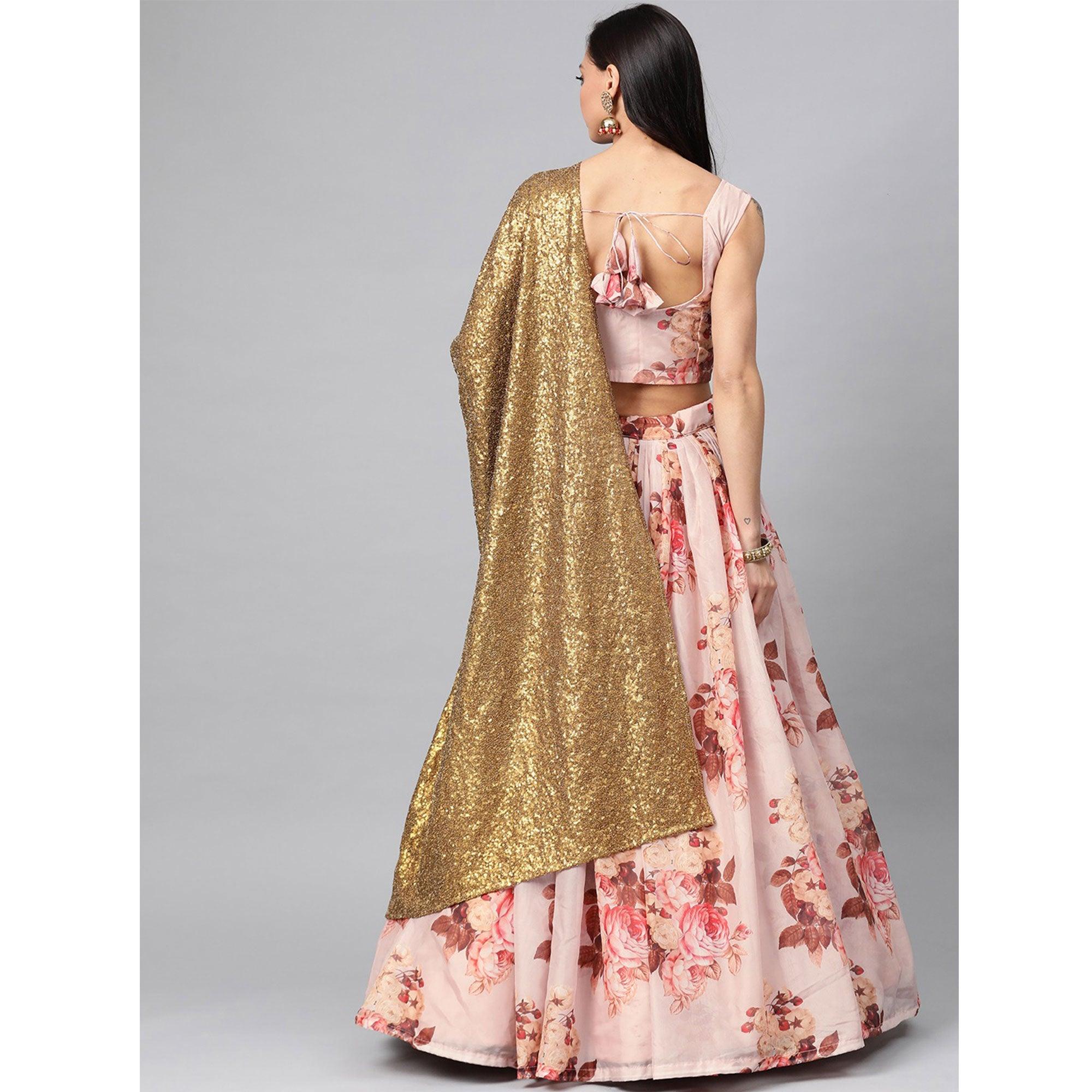 Peach Partywear Printed Sequence Pure Organza Lehenga Choli - Peachmode