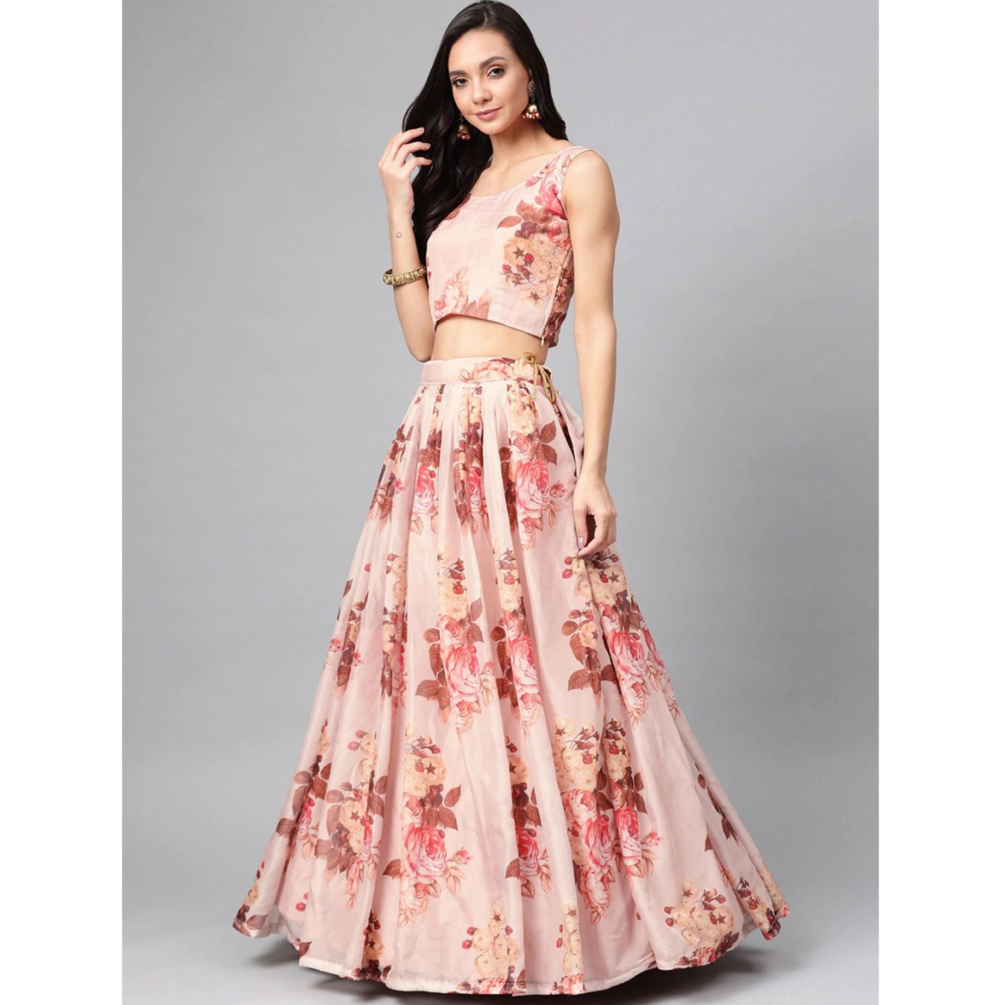 Peach Partywear Printed Sequence Pure Organza Lehenga Choli - Peachmode