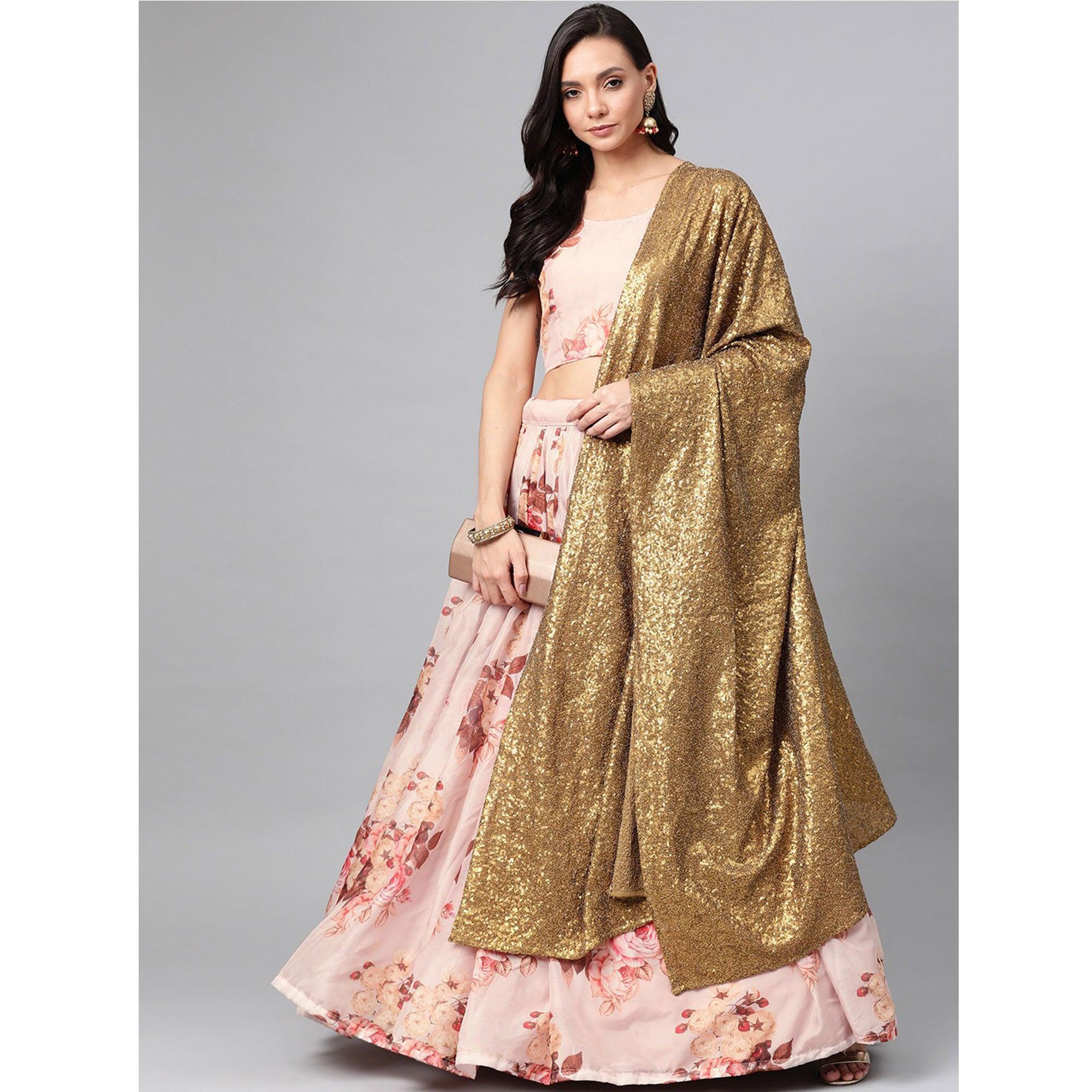 Peach Partywear Printed Sequence Pure Organza Lehenga Choli - Peachmode