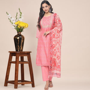 Peach Partywear Printed With Gotta Patti Cotton Silk Kurti Pant Set With Dupatta - Peachmode